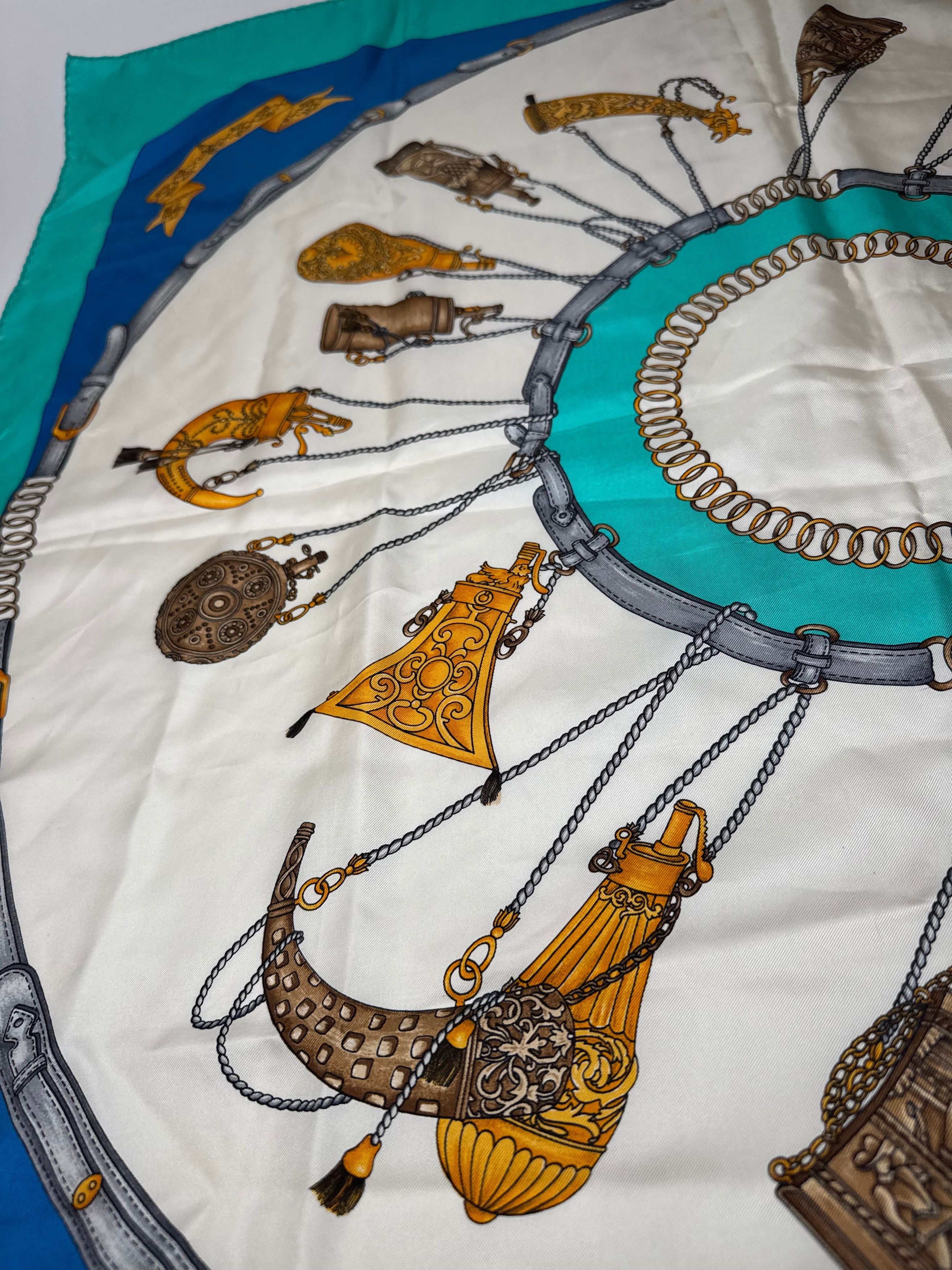 Celine Vintage Silk Scarf Turquoise Blue white Size ONE SIZE - 5 Thumbnail