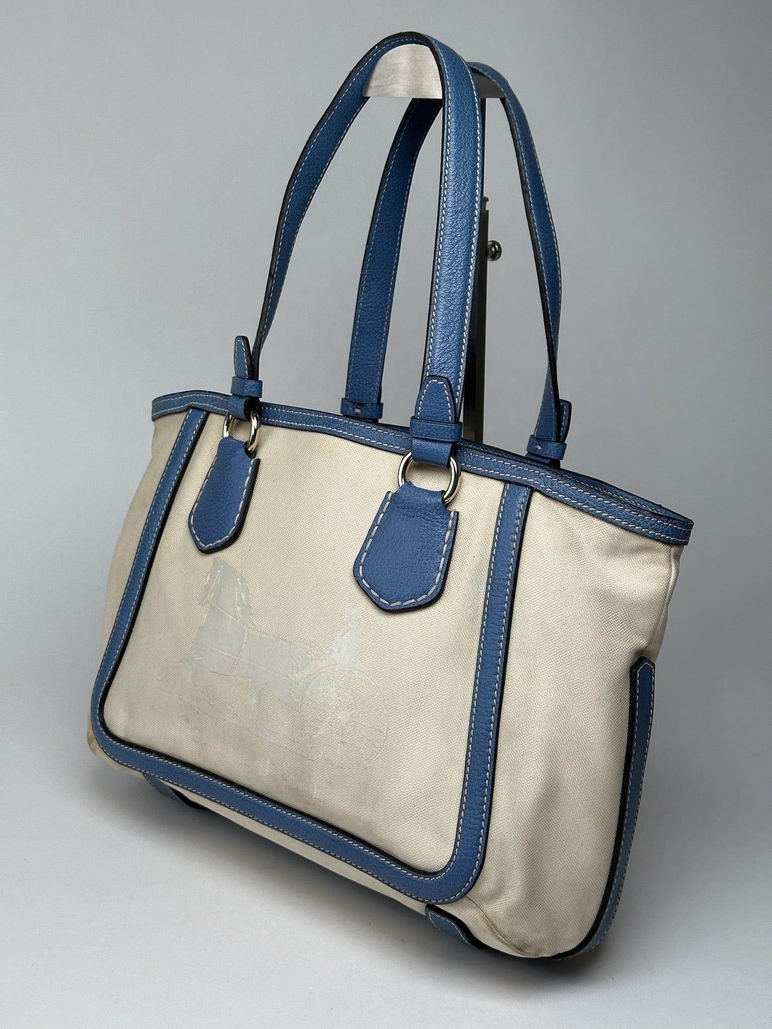 Celine Vintage Céline Paris Canvas Leather Bag Blue Beige Size ONE SIZE - 4 Thumbnail