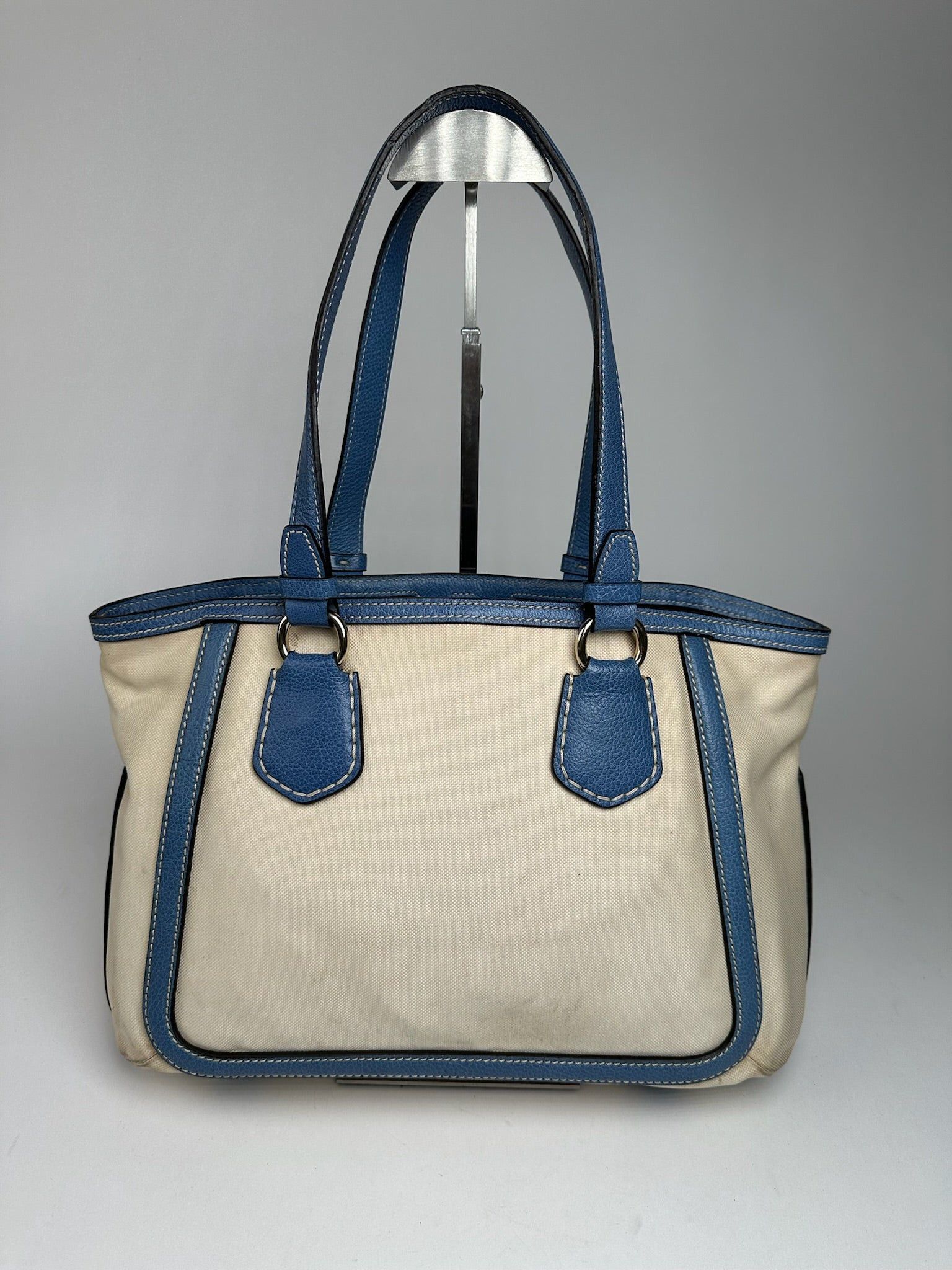Celine Vintage Céline Paris Canvas Leather Bag Blue Beige Size ONE SIZE - 2 Thumbnail