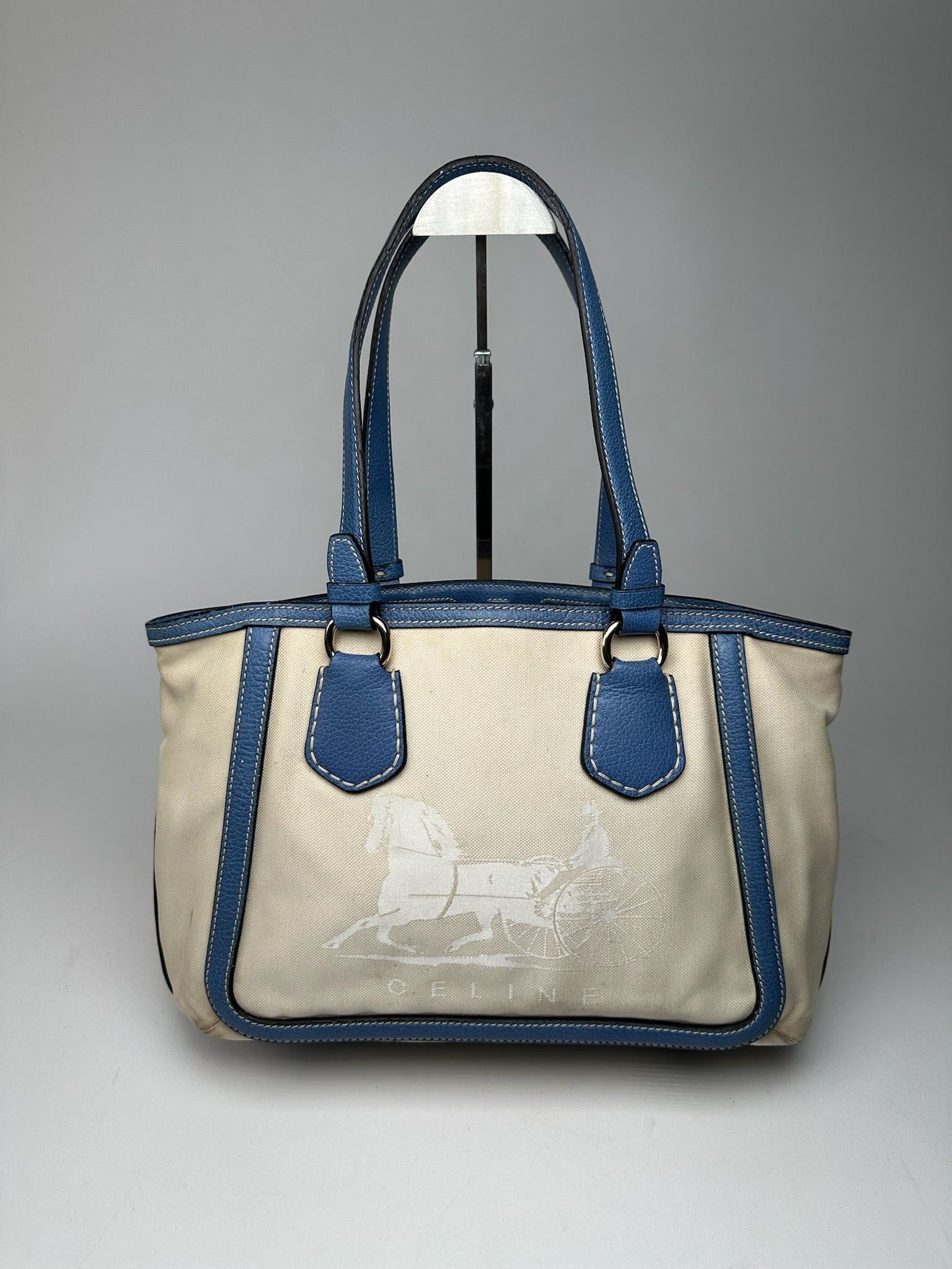 Celine Vintage Céline Paris Canvas Leather Bag Blue Beige Size ONE SIZE - 9 Thumbnail