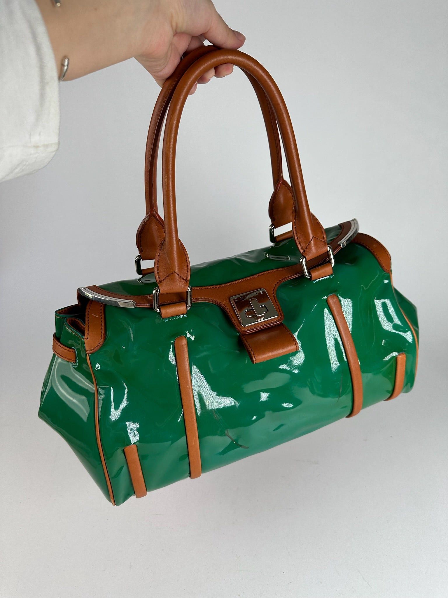 Celine Vintage Paris Patent leather duffel bag green / brown Size ONE SIZE - 13 Thumbnail