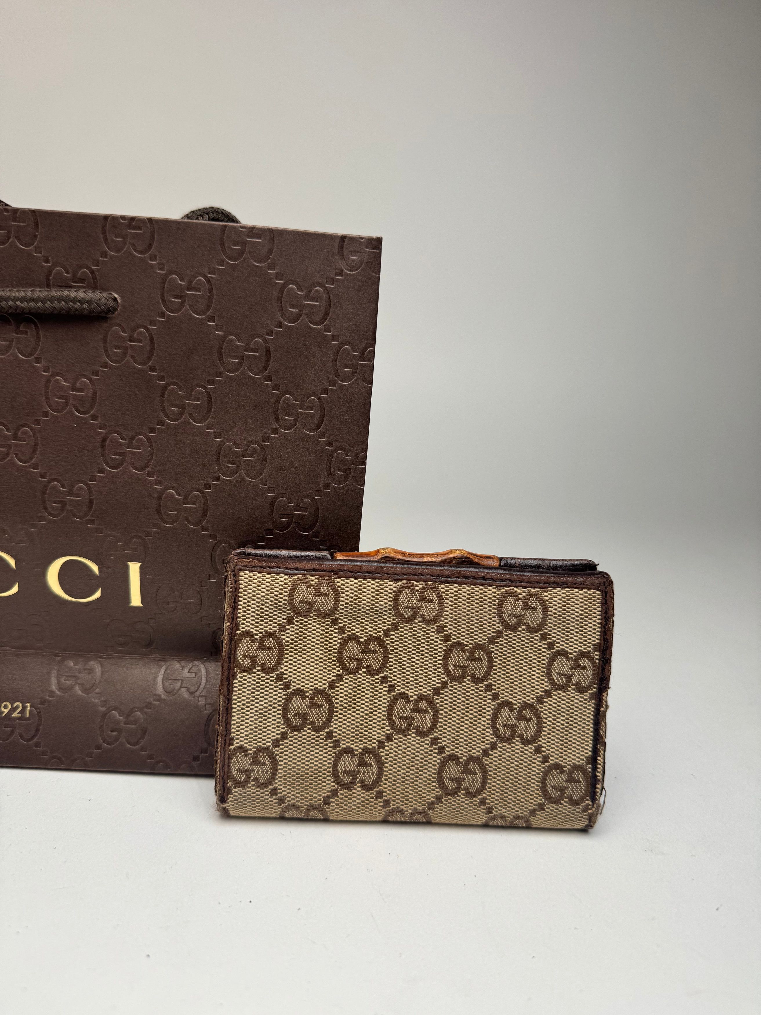 Gucci Vintage Leather / -Canvas monogram Card Holder beige brown Size ONE SIZE - 2 Thumbnail