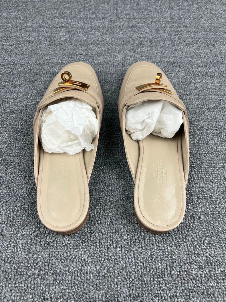 Hermes Hermes Beige Leather Mules with Gold Buckle-yf Size US 5 / EU 37 - 4 Thumbnail