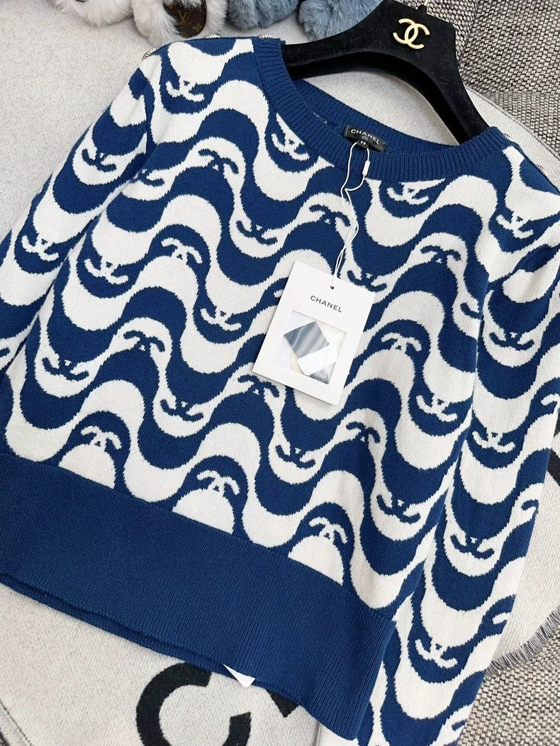 Chanel Chanel 21P Navy White CC Wave Knit Top - dmc Size US M / EU 48-50 / 2 - 3 Thumbnail
