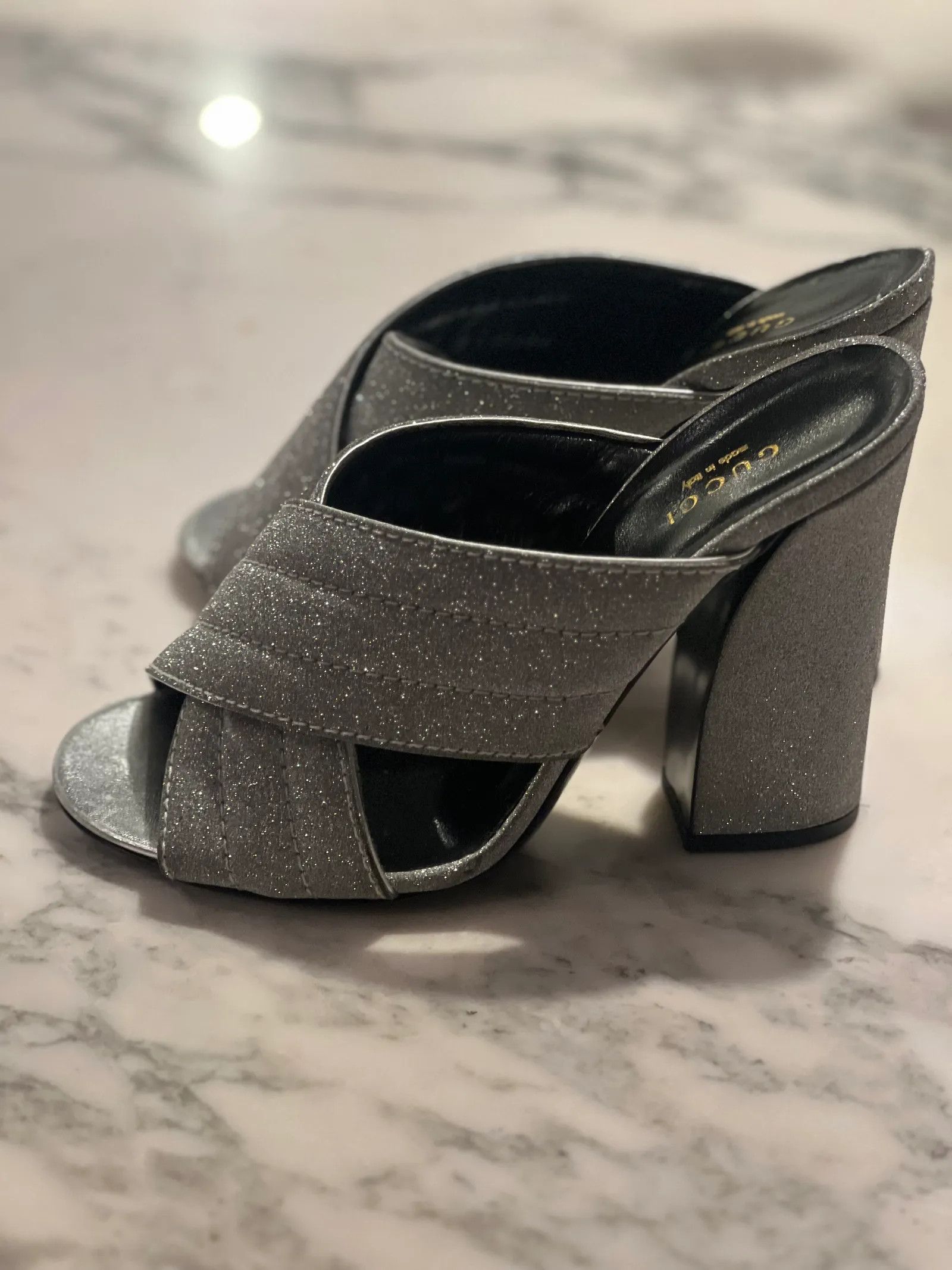 Gucci Gucci Gucci Silver Glitter Webby Slide Sandals Heels Size US 8 / IT 38 - 4 Thumbnail