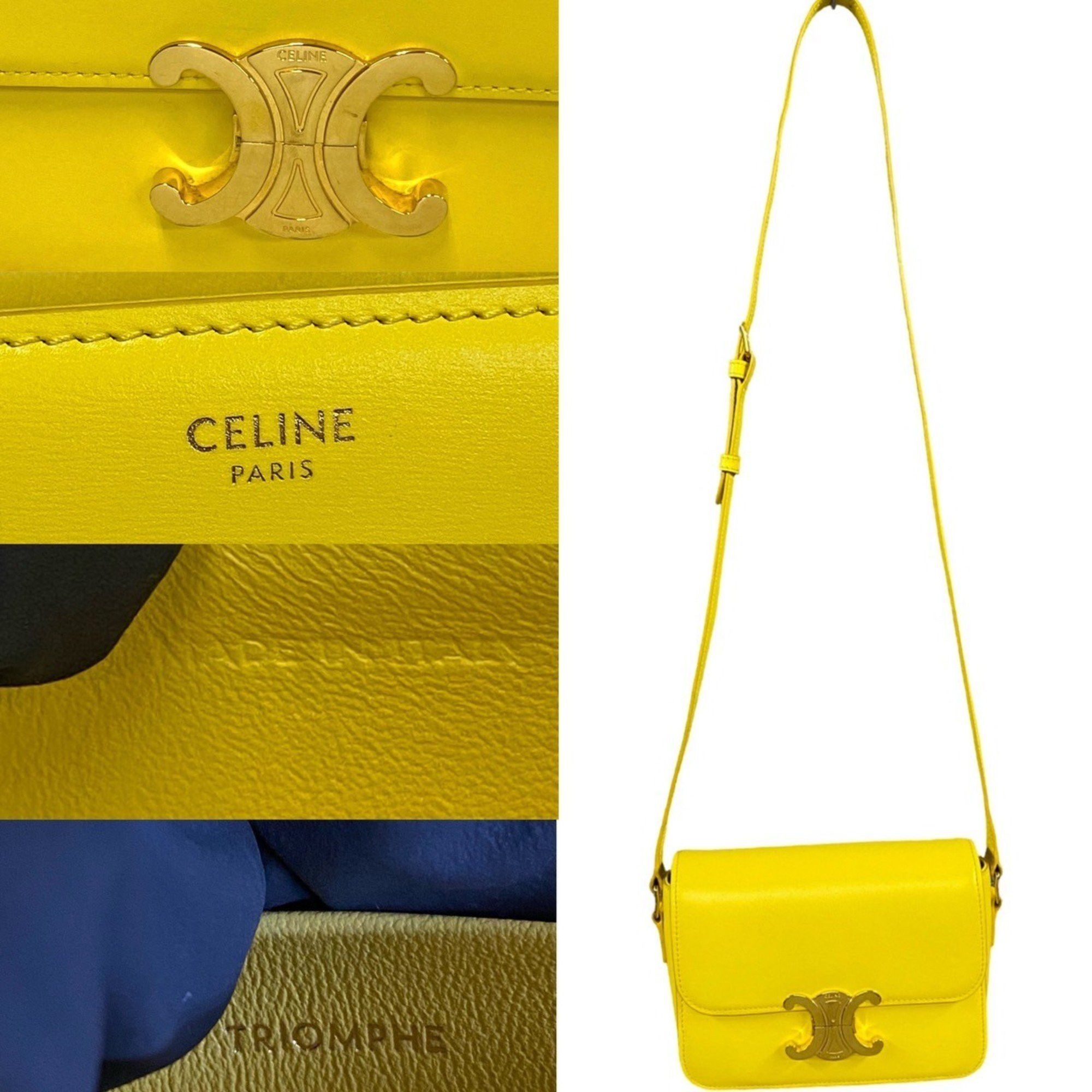 Celine CELINE Teen Triomphe Logo Hardware Calf Leather Mini Shoulder Bag Pochette Yellow 33023 Size ONE SIZE - 3 Thumbnail