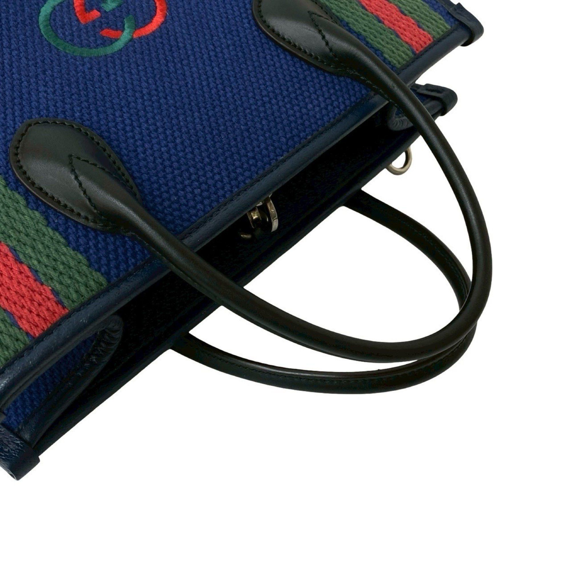 Gucci GUCCI Interlocking G Sherry Line Canvas and Leather Handbag/Tote Bag, Blue/Navy, 841-9 Size ONE SIZE - 4 Thumbnail