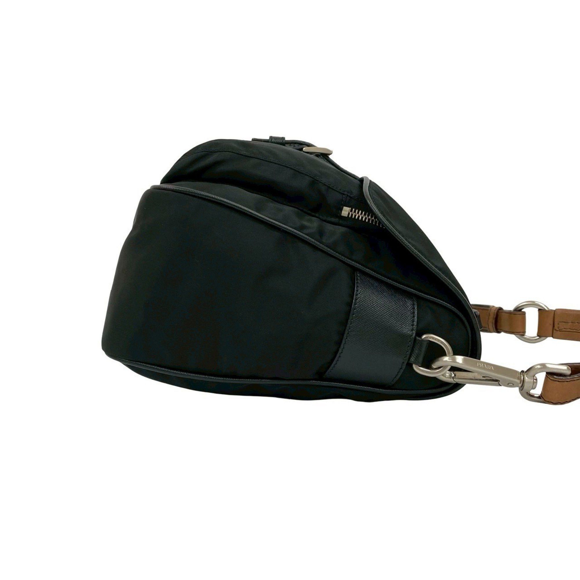 Prada Prada Triangle Logo Hardware Saffiano Leather and Nylon Handbag One Shoulder Bag Black Brown 83297 Size ONE SIZE - 6 Thumbnail