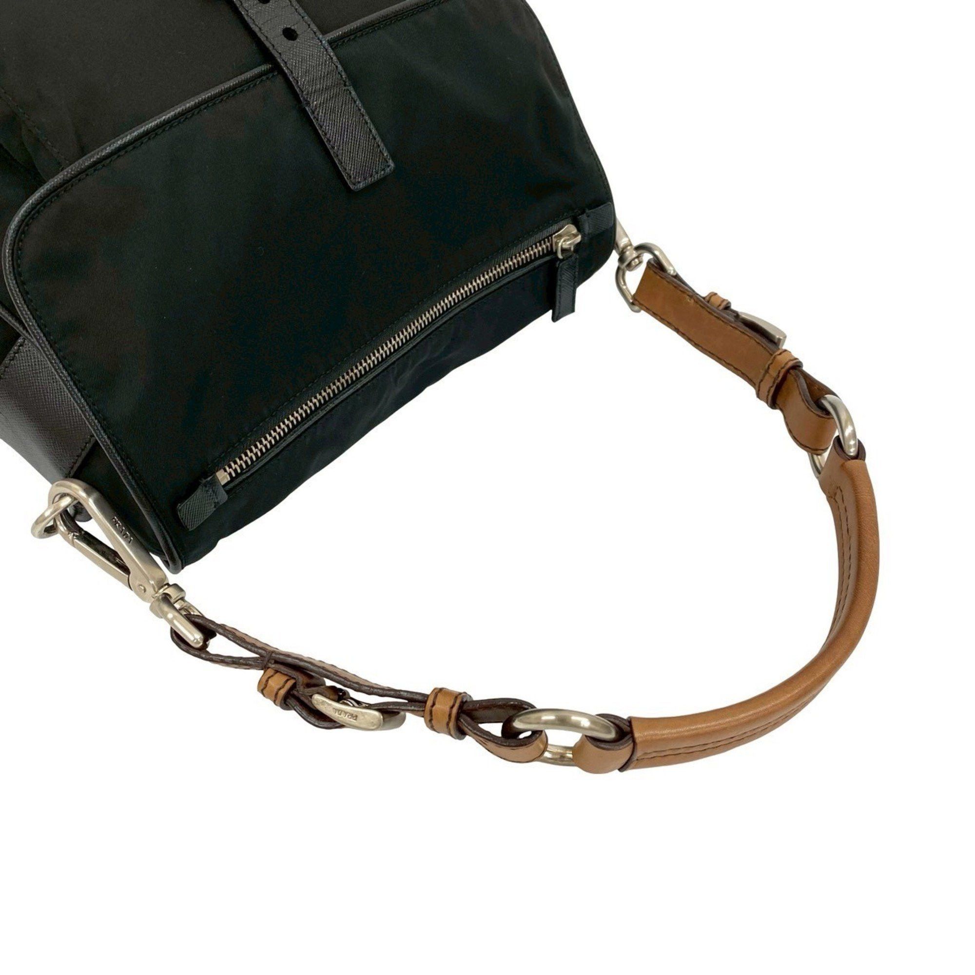 Prada Prada Triangle Logo Hardware Saffiano Leather and Nylon Handbag One Shoulder Bag Black Brown 83297 Size ONE SIZE - 4 Thumbnail