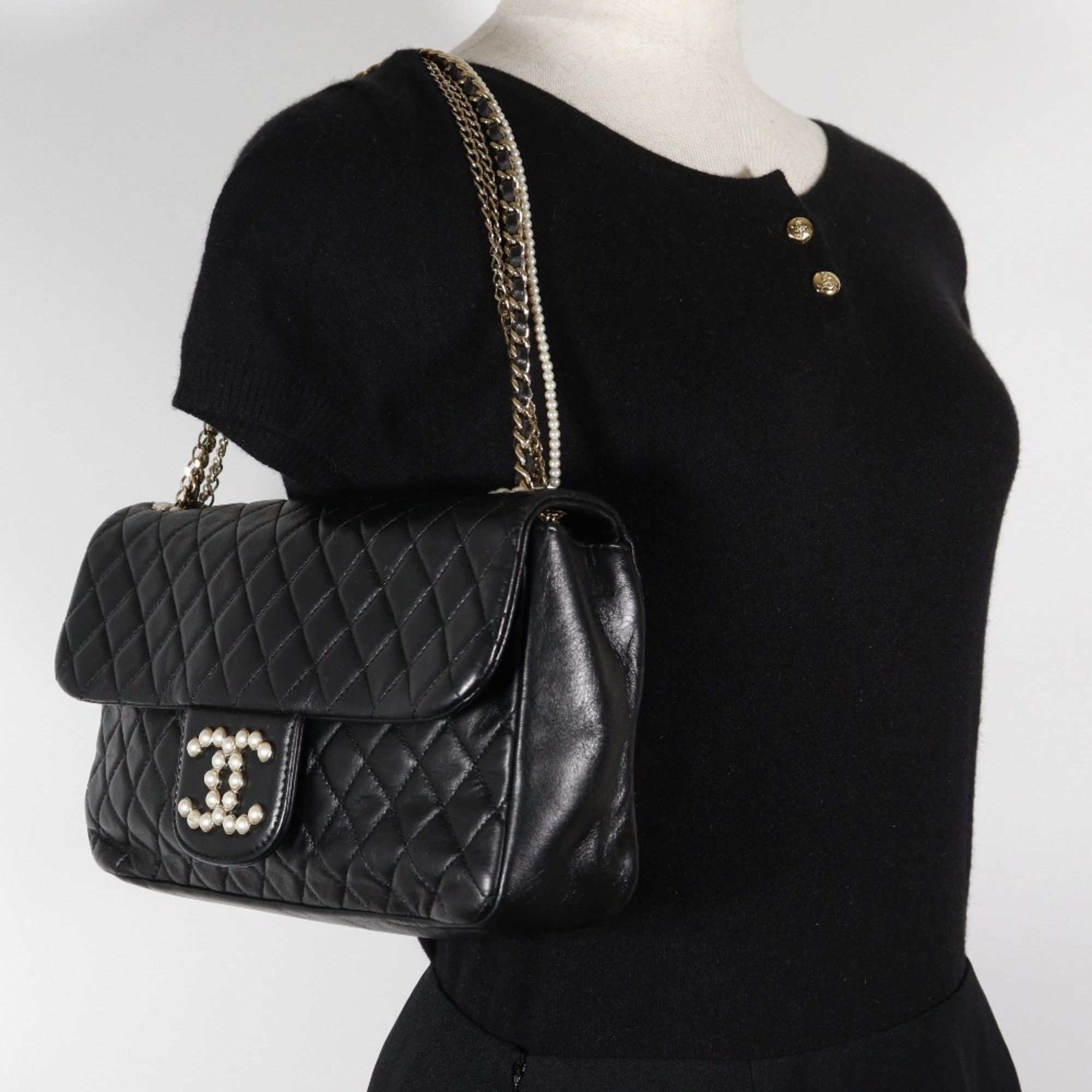 Chanel CHANEL Westminster Shoulder Bag, Chain Matelasse, A39011, Lambskin with Faux Pearl, Black, Women's Size ONE SIZE - 19 Thumbnail