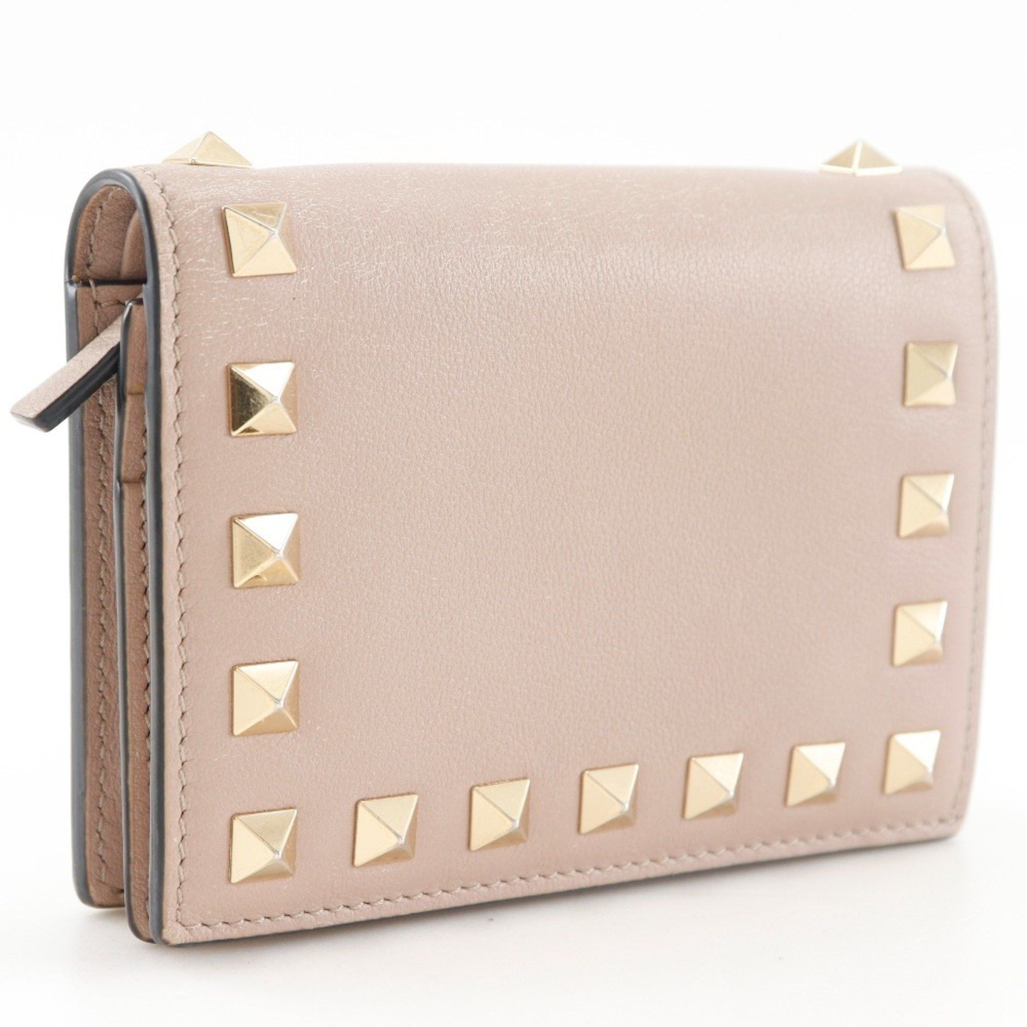 Valentino Valentino Garavani Rockstud Small Wallet, Bifold WW2P0P39BOL, Beige Calfskin with Snap Buttons, Women's Size ONE SIZE - 3 Thumbnail