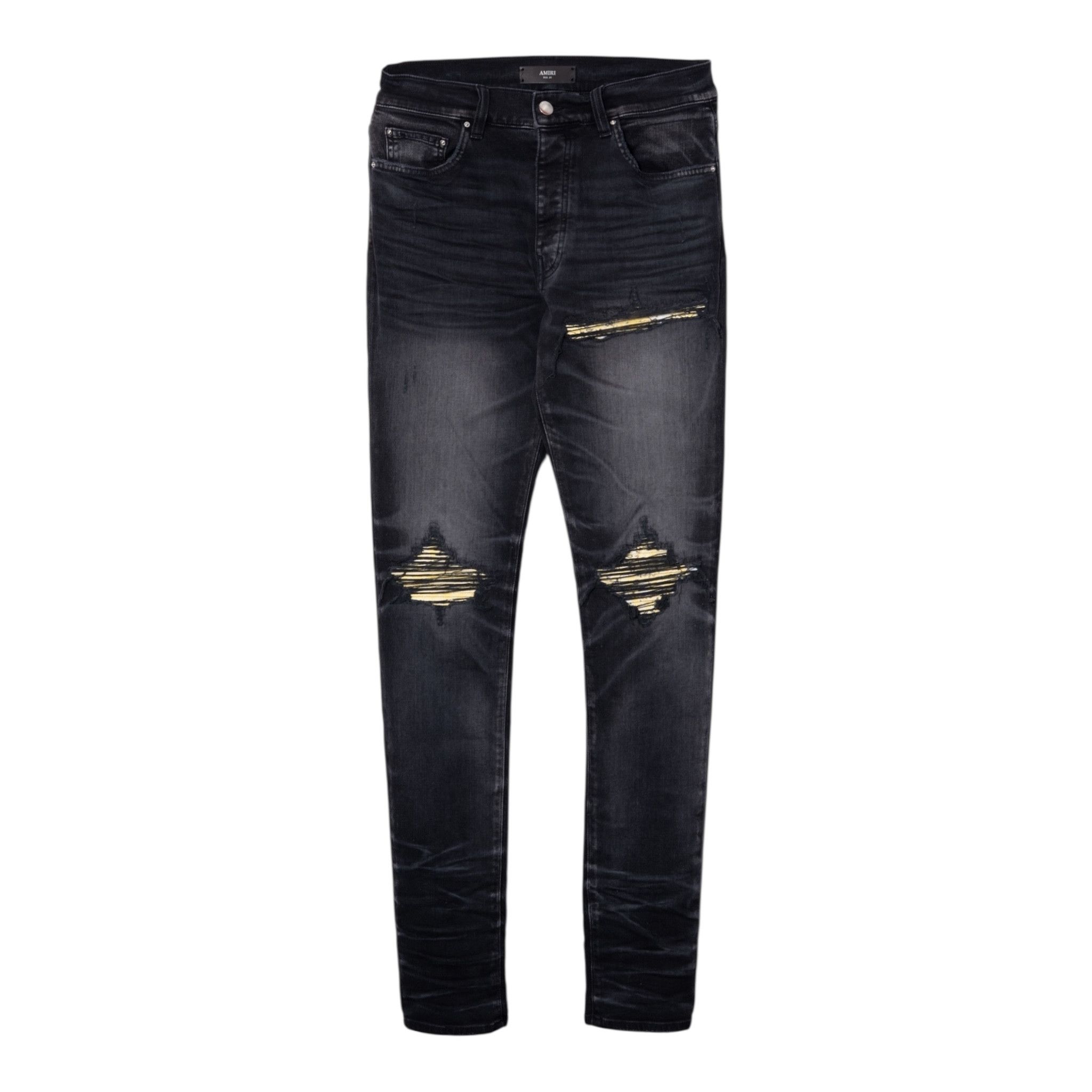 Amiri MX1 Yellow Bandana Patch Jeans Faded Black
