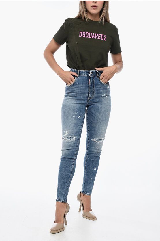 High Waisted Twiggy Denims with Aci-Wash Effect 12cm