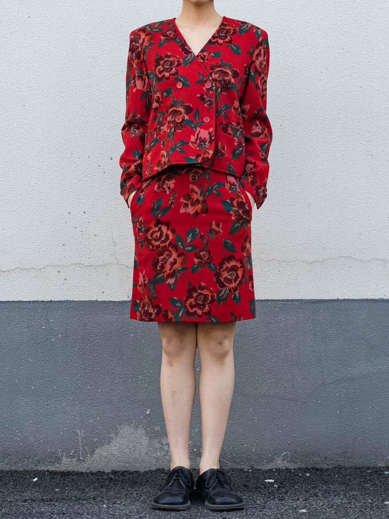 Vintage 1980s KENZO Red Floral Wool Set - dmc Size US L / EU 52-54 / 3 - 2 Thumbnail