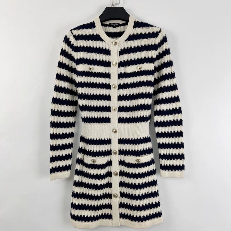Chanel Chanel Blue White Stripe Sequin Knit Dress - dmc Size US 34 / EU 50 - 2 Thumbnail