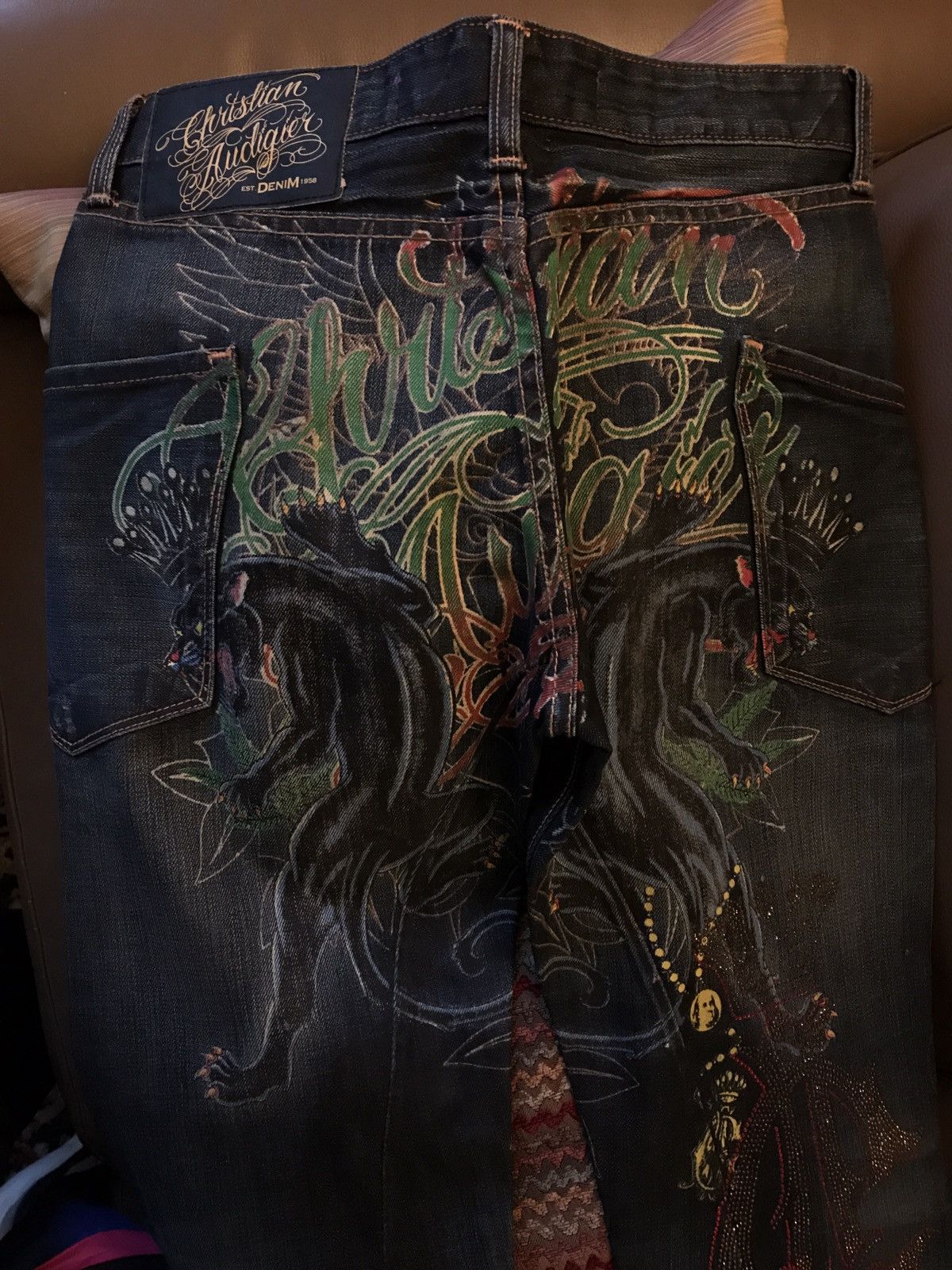 Christian Audigier *NEW* Christian Audigier Jeans w/ Rhinestone & Leather Size US 30 / EU 46 - 1 Thumbnail