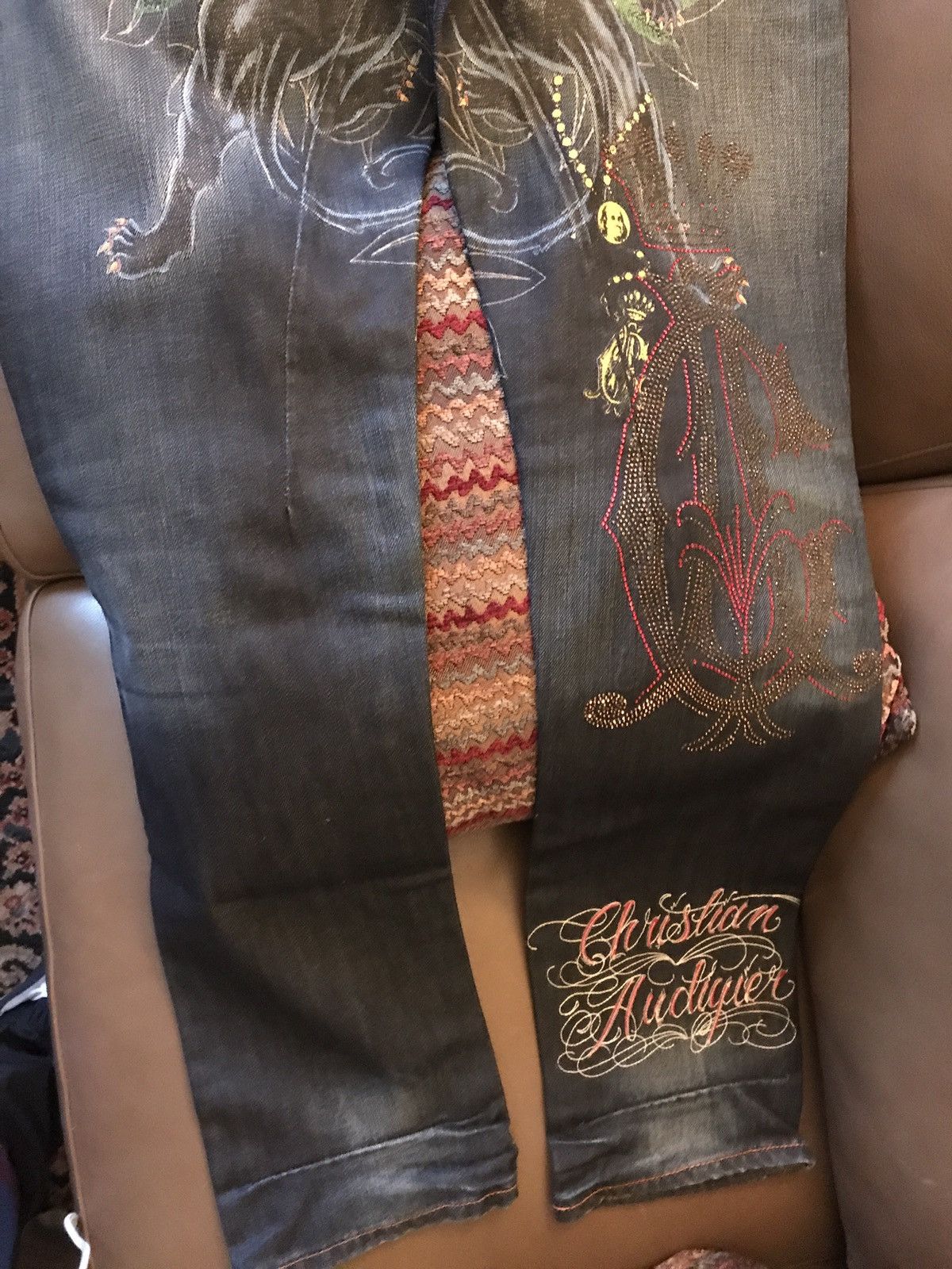 Christian Audigier *NEW* Christian Audigier Jeans w/ Rhinestone & Leather Size US 30 / EU 46 - 2 Thumbnail