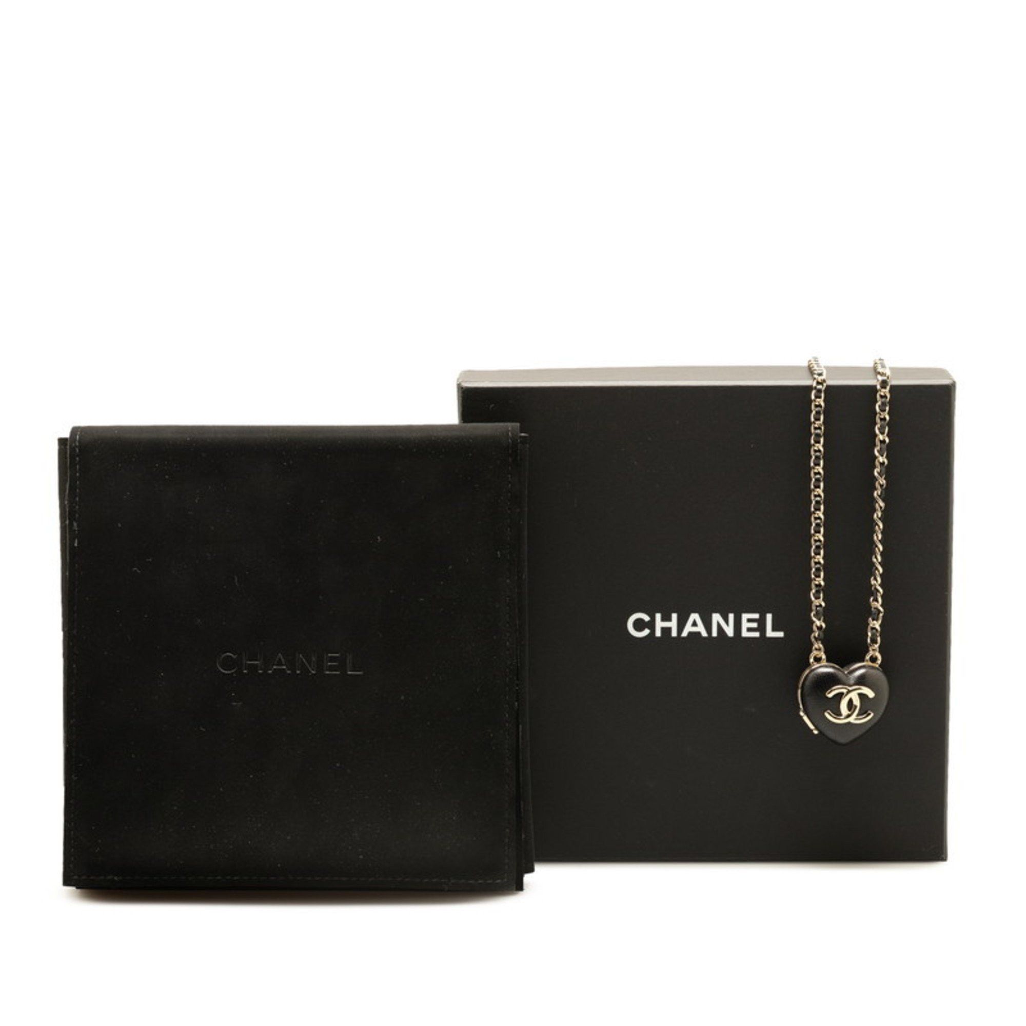 Chanel CHANEL Coco Mark Heart Mirror Locket Pendant Necklace in Black and Gold Lambskin for Women Size ONE SIZE - 5 Thumbnail