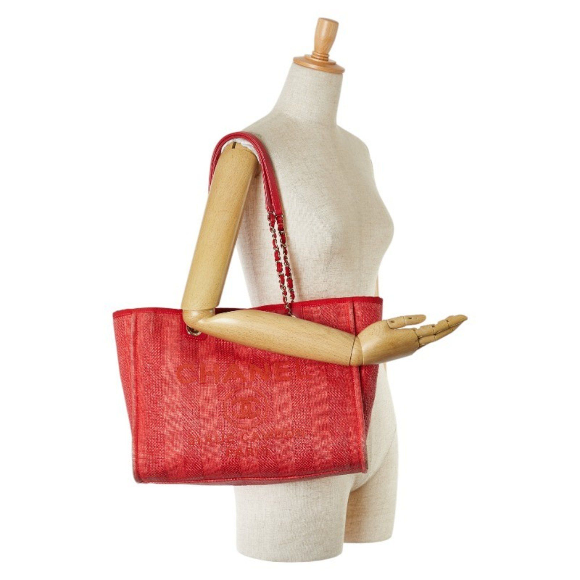 Chanel CHANEL Deauville Tote MM Coco Mark Chain Bag in Red Canvas and Leather for Women Size ONE SIZE - 8 Thumbnail