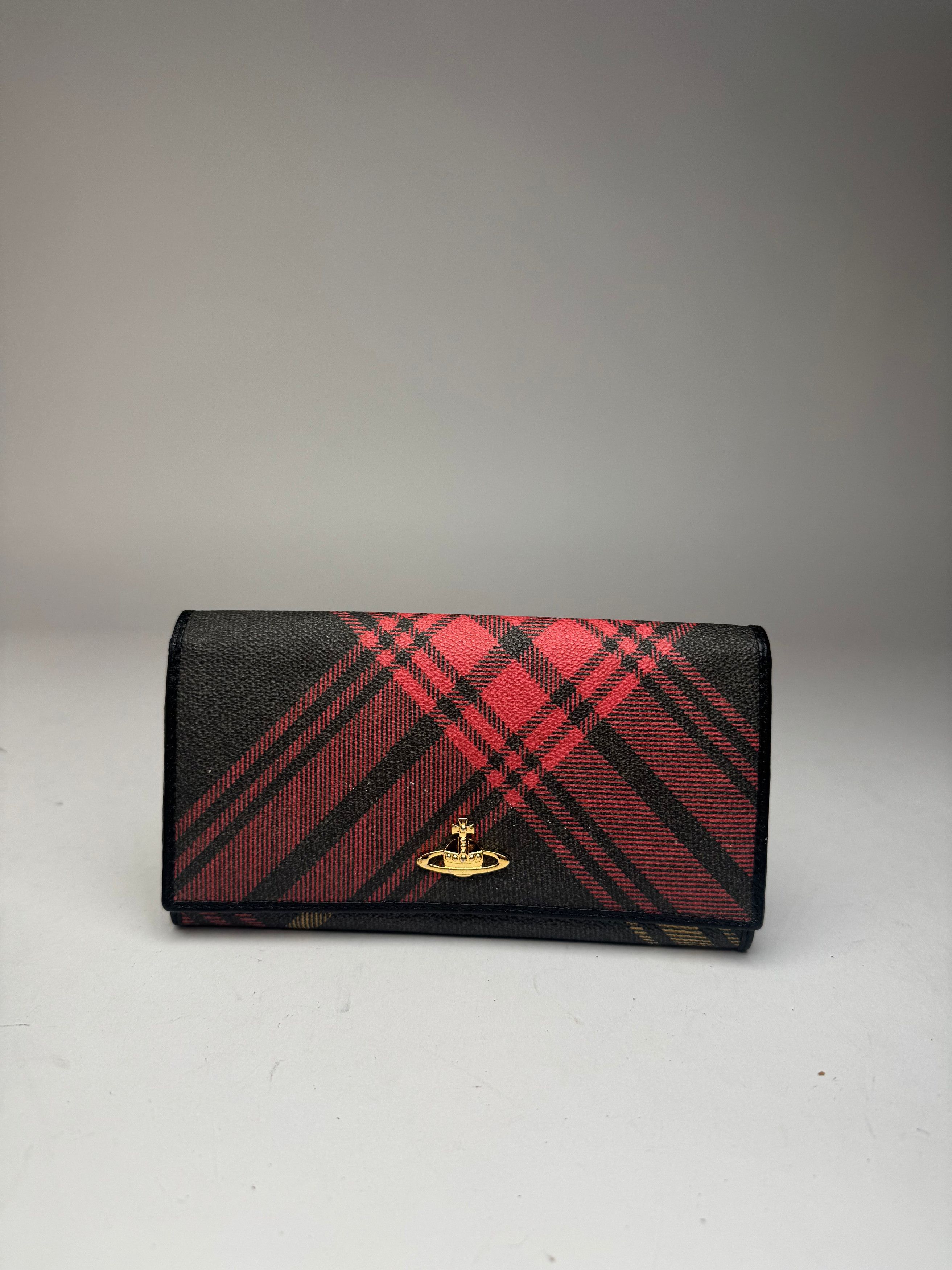 Vintage checked leather wallet black red