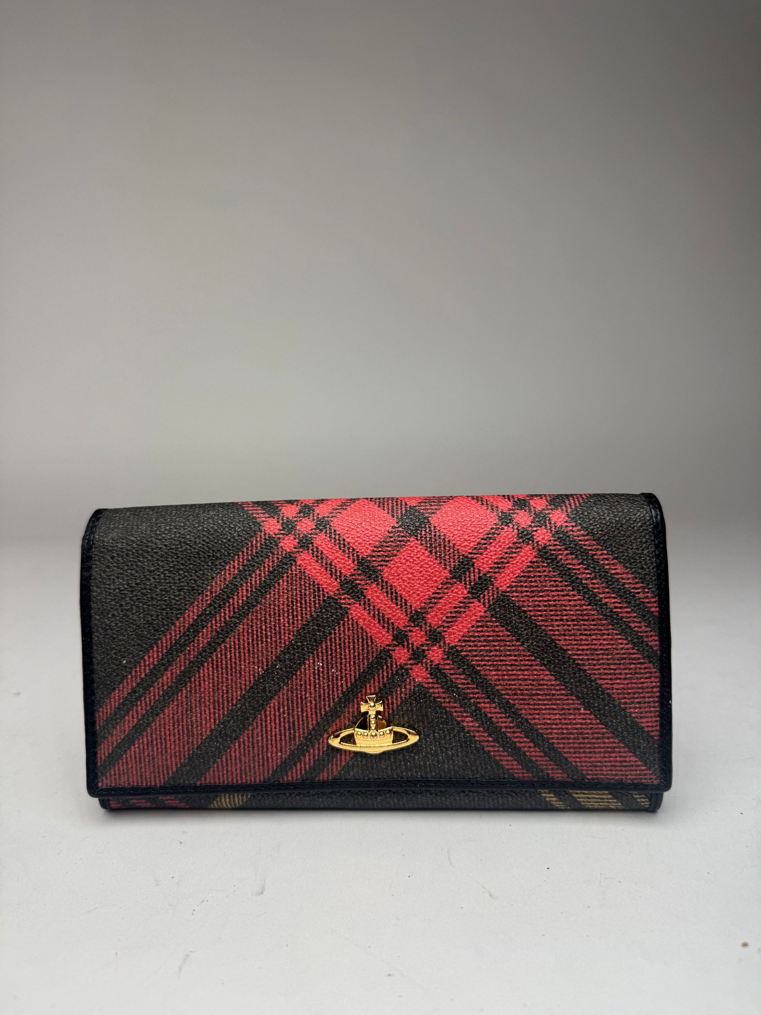 Vintage checked leather wallet black red