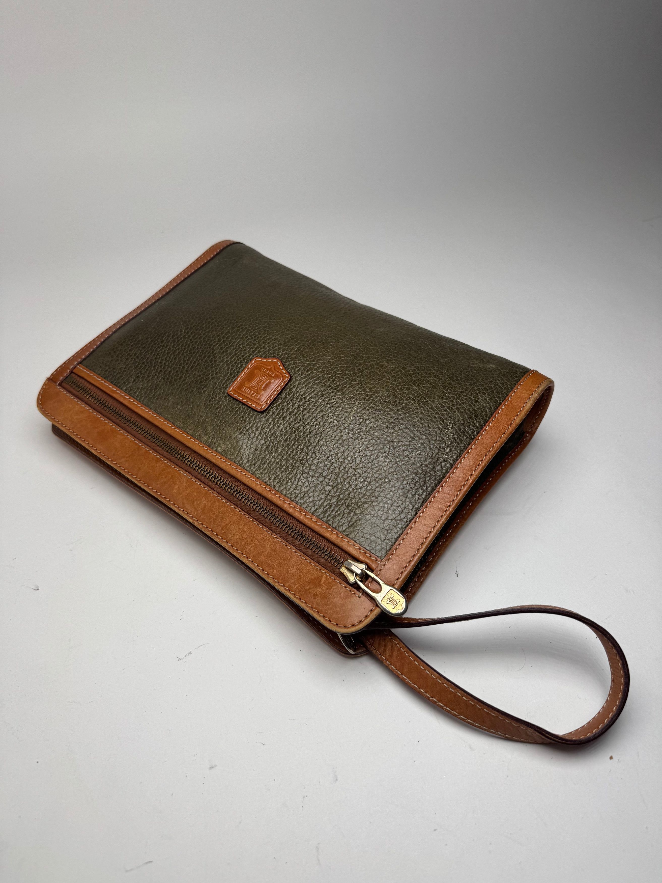 Celine Vintage Paris Leather Clutch Brown Green Size ONE SIZE - 7 Thumbnail