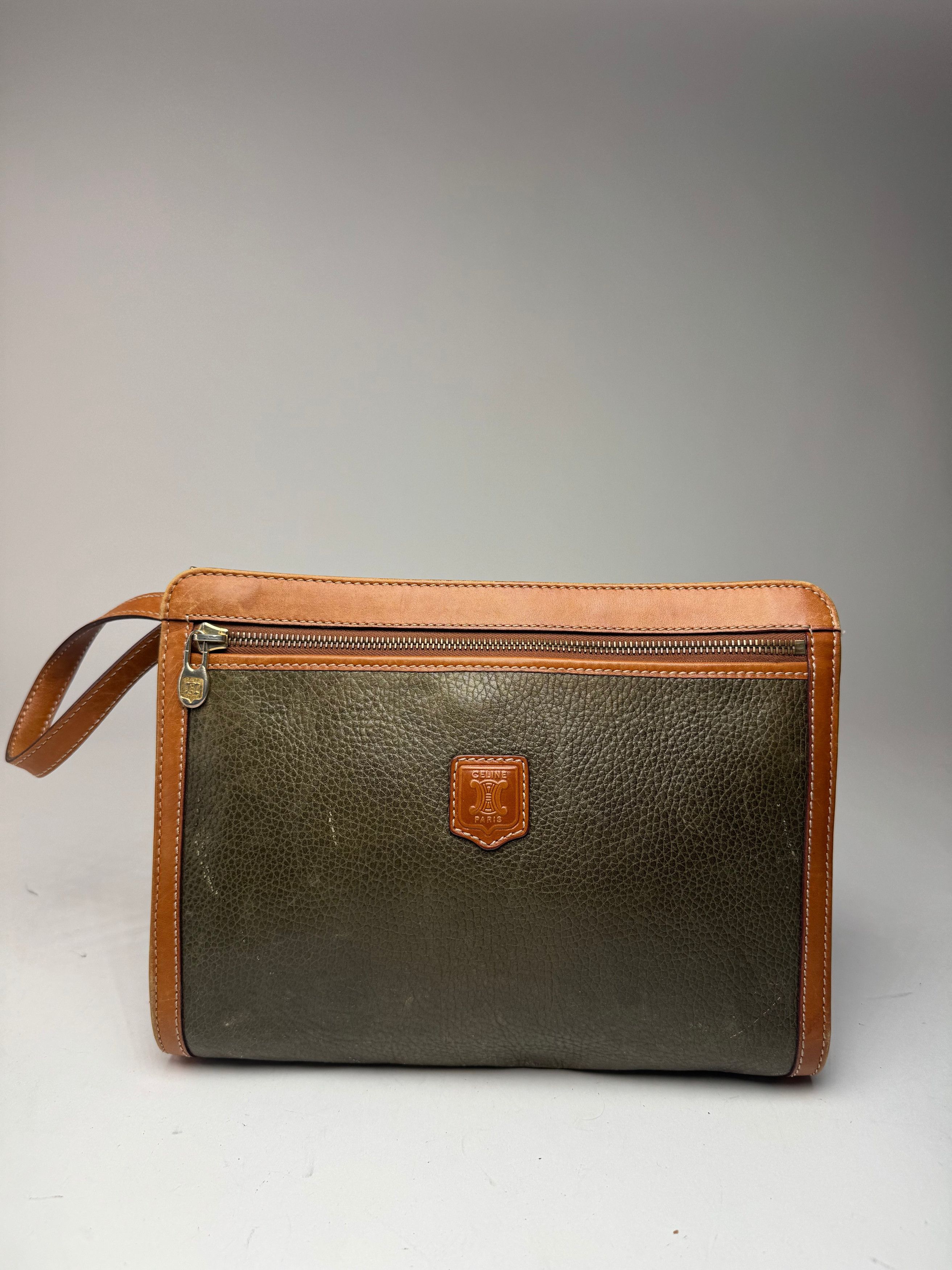 Celine Vintage Paris Leather Clutch Brown Green Size ONE SIZE - 14 Thumbnail