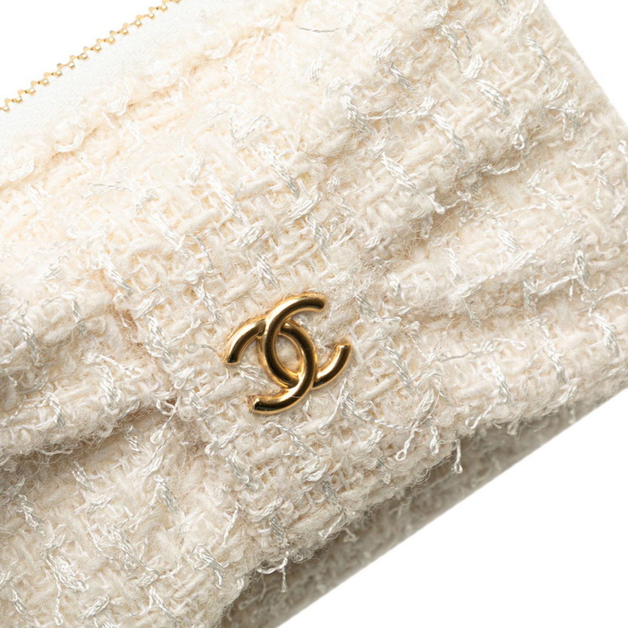 Chanel Chanel Coco Mark Ribbon Mini Chain Wallet, Wallet/Coin Case, White, Gold, Tweed, Leather, Women's, CHANEL Size ONE SIZE - 4 Thumbnail