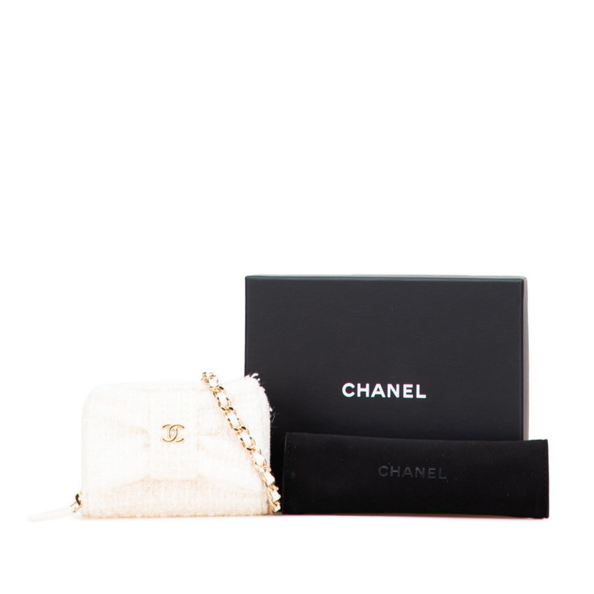 Chanel Chanel Coco Mark Ribbon Mini Chain Wallet, Wallet/Coin Case, White, Gold, Tweed, Leather, Women's, CHANEL Size ONE SIZE - 9 Thumbnail