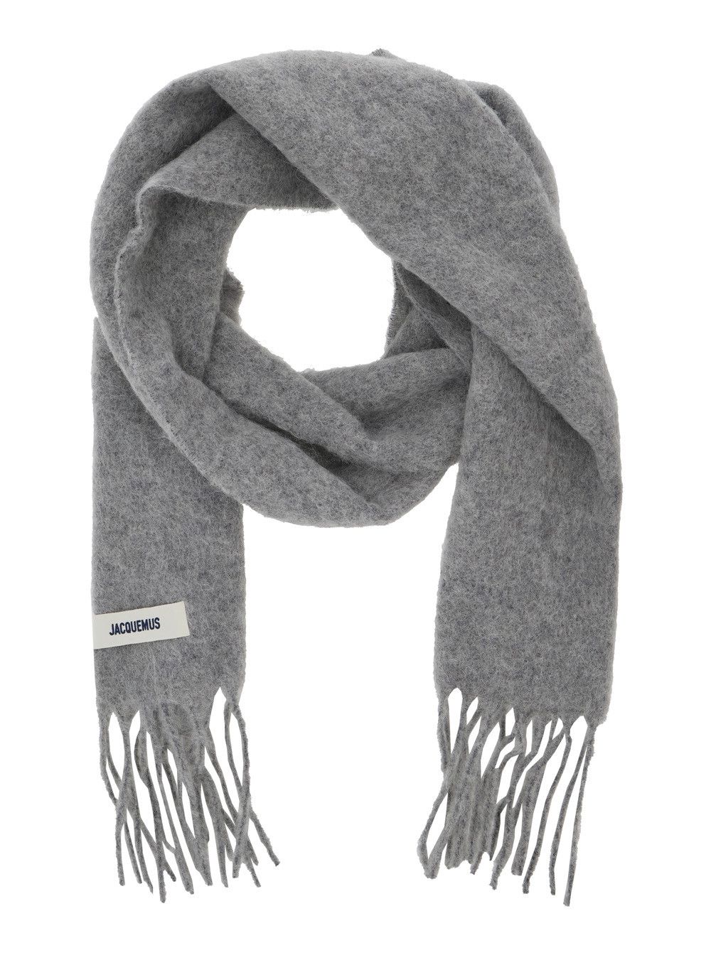 Jacquemus 'L'Echarpe Carro' Grey Scarf with Logo Patch on the Front and Fringed Hem in Wool Blend Man Size ONE SIZE - 2 Thumbnail