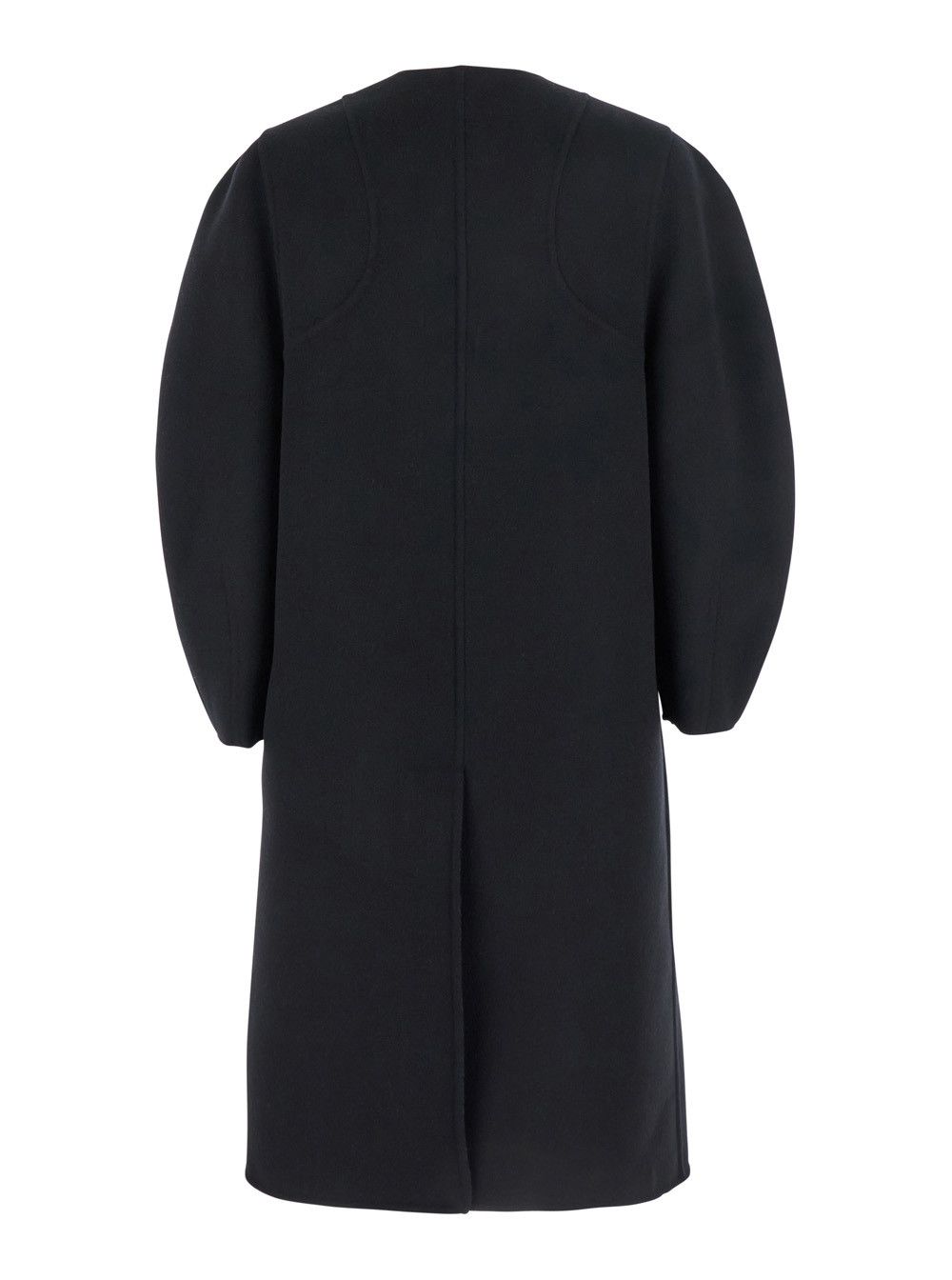Fendi Black Crewneck Coat with Puffed Sleeves and Two Front Shearling Pockets in Wool Blend Woman Size M / US 6-8 / IT 42-44 - 2 Thumbnail