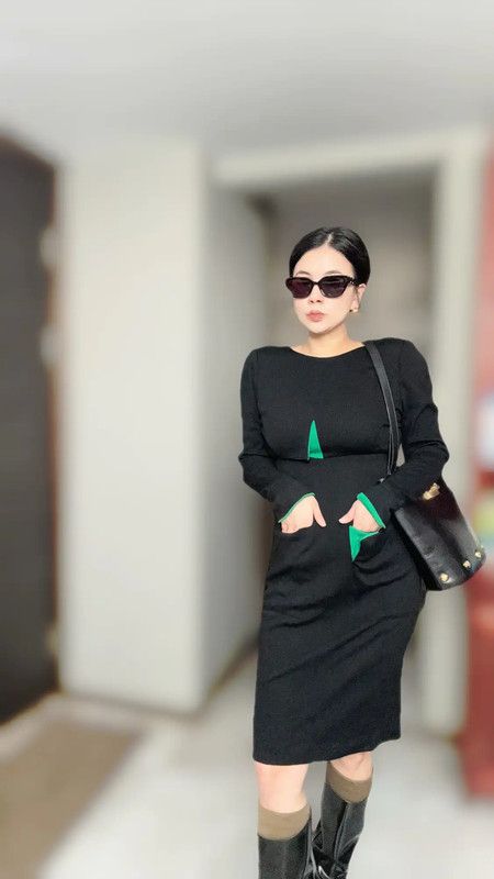 Fendi Fendi Black Wool Dress with Green Details 0089 Size ONE SIZE - 3 Thumbnail