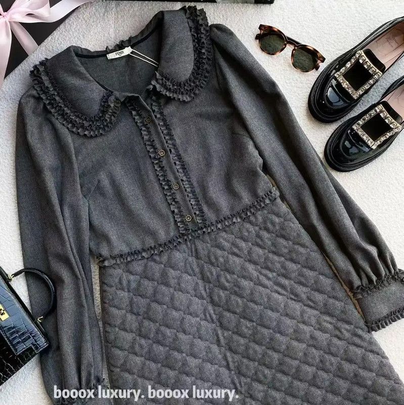 Fendi Fendi Gray Wool Dress with Ruffle Details 0089 Size ONE SIZE - 4 Thumbnail