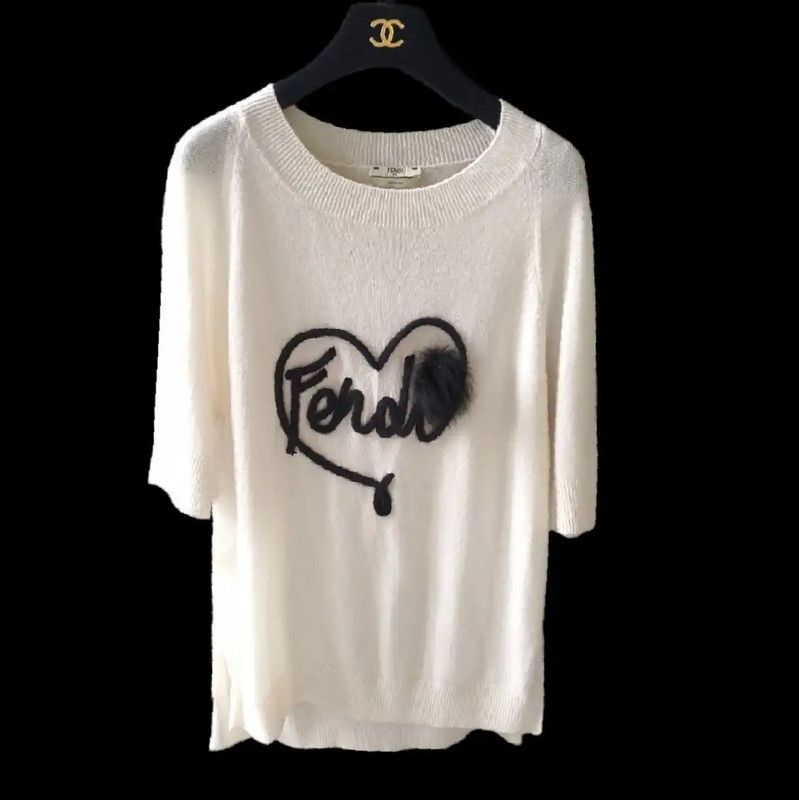 Fendi Fendi White Cashmere Logo Short Sleeve Knit Top 0089 Size L / US 10 / IT 46 - 2 Thumbnail