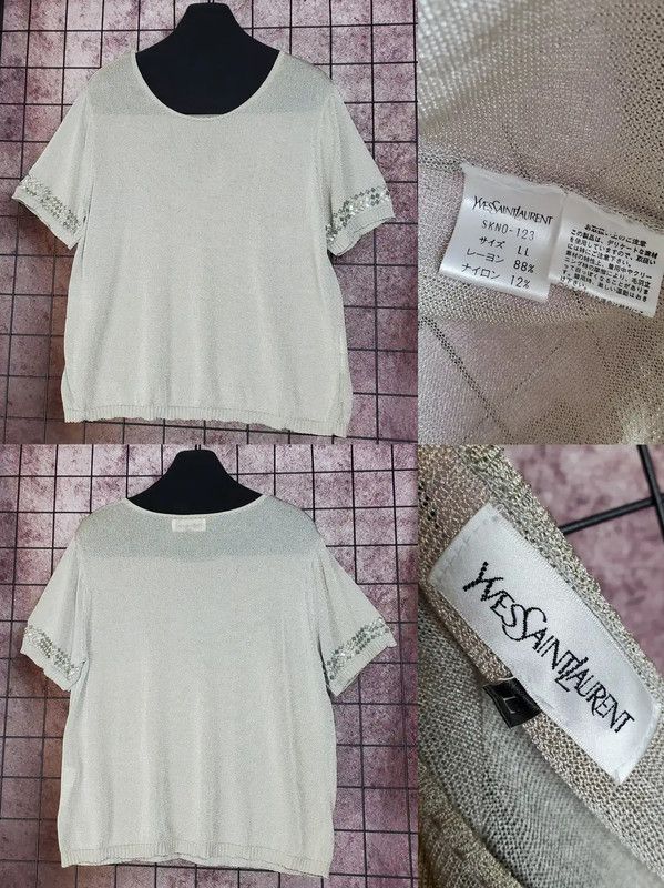 Yves Saint Laurent YSL Summer Light Gray Embroidered Short Sleeve Tee 0089 Size L / US 10 / IT 46 - 2 Thumbnail