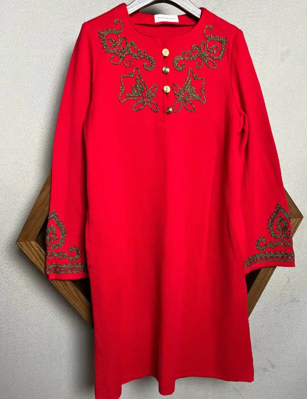 Yves Saint Laurent YSL Red Wool Dress with Embellishments 0089 Size ONE SIZE - 3 Thumbnail