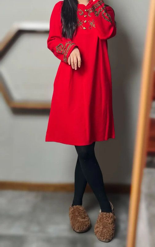 Yves Saint Laurent YSL Red Wool Dress with Embellishments 0089 Size ONE SIZE - 2 Thumbnail