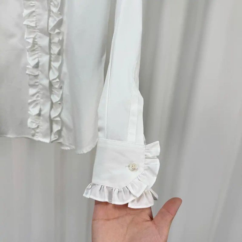 Yves Saint Laurent YSL White Ruffled Long Sleeve Shirt for Women 0089 Size XS / US 0-2 / IT 36-38 - 4 Thumbnail