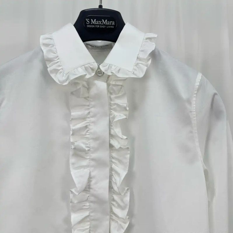 Yves Saint Laurent YSL White Ruffled Long Sleeve Shirt for Women 0089 Size XS / US 0-2 / IT 36-38 - 3 Thumbnail