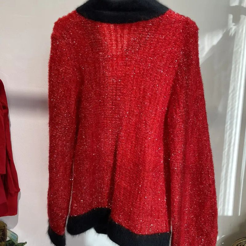 Yves Saint Laurent YSL Red Women's Cardigan with Black Accents 0089 Size L / US 10 / IT 46 - 5 Thumbnail