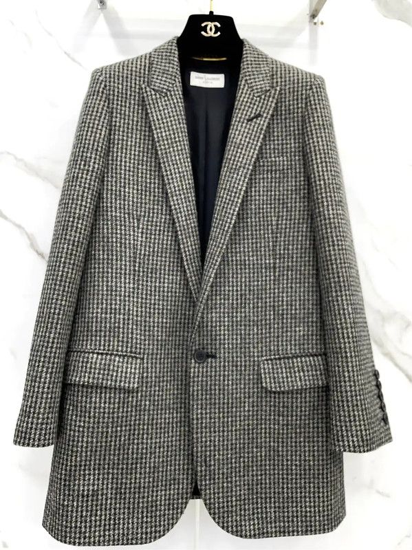 Yves Saint Laurent YSL Black Wool Checkered Women's Jacket 0089 Size S / US 4 / IT 40 - 4 Thumbnail