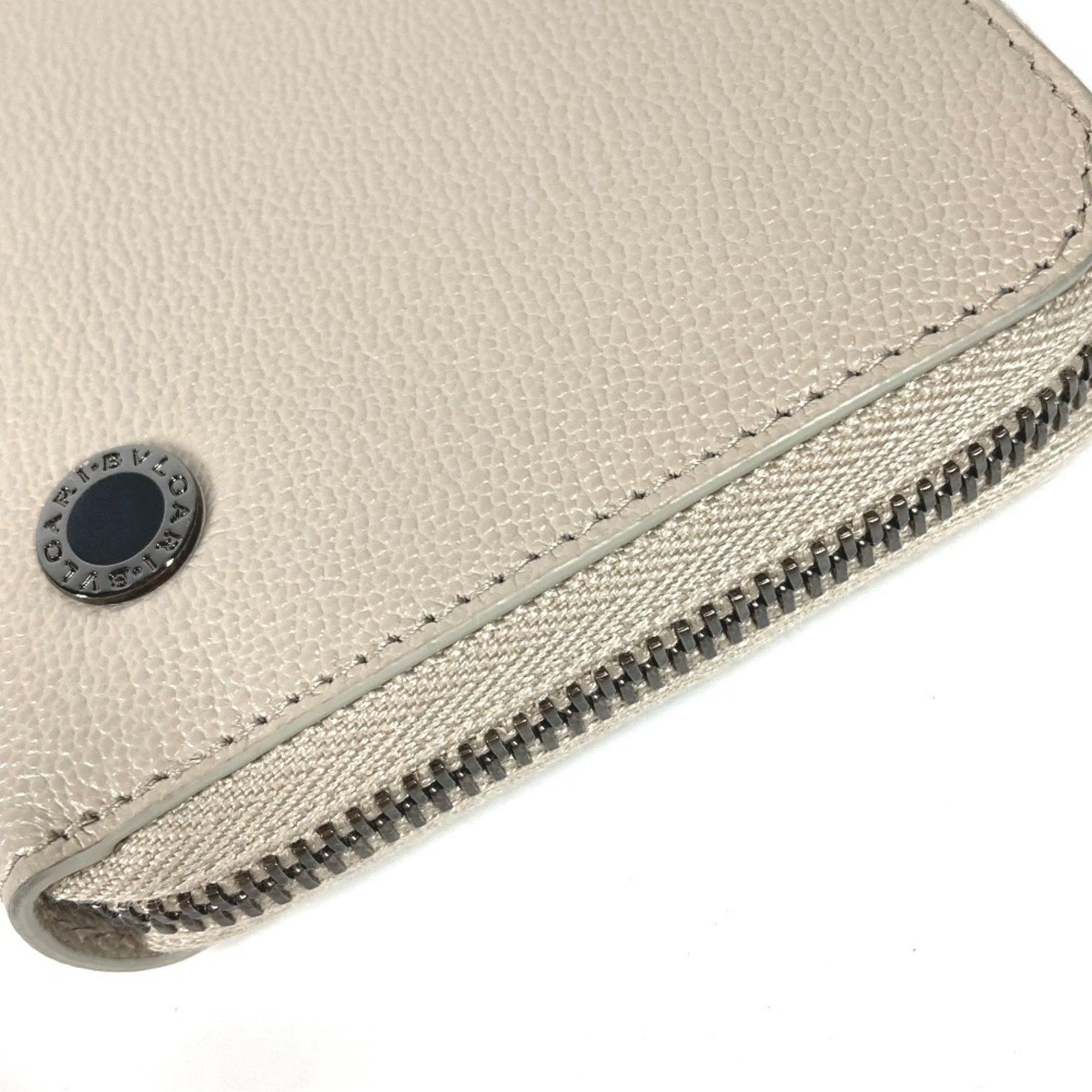 BVLGARI logo round zipper long wallet leather women's ivory