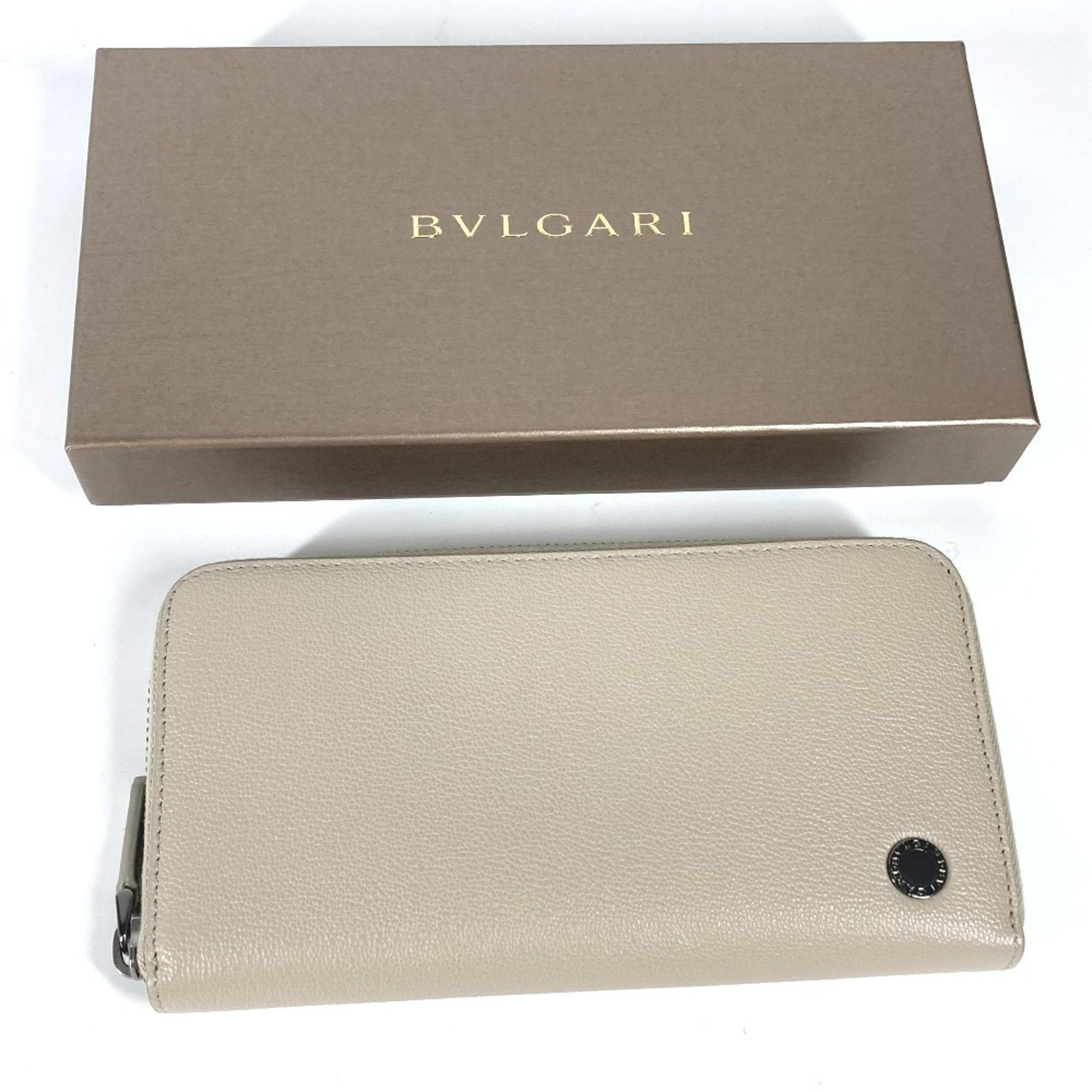 BVLGARI logo round zipper long wallet leather women's ivory