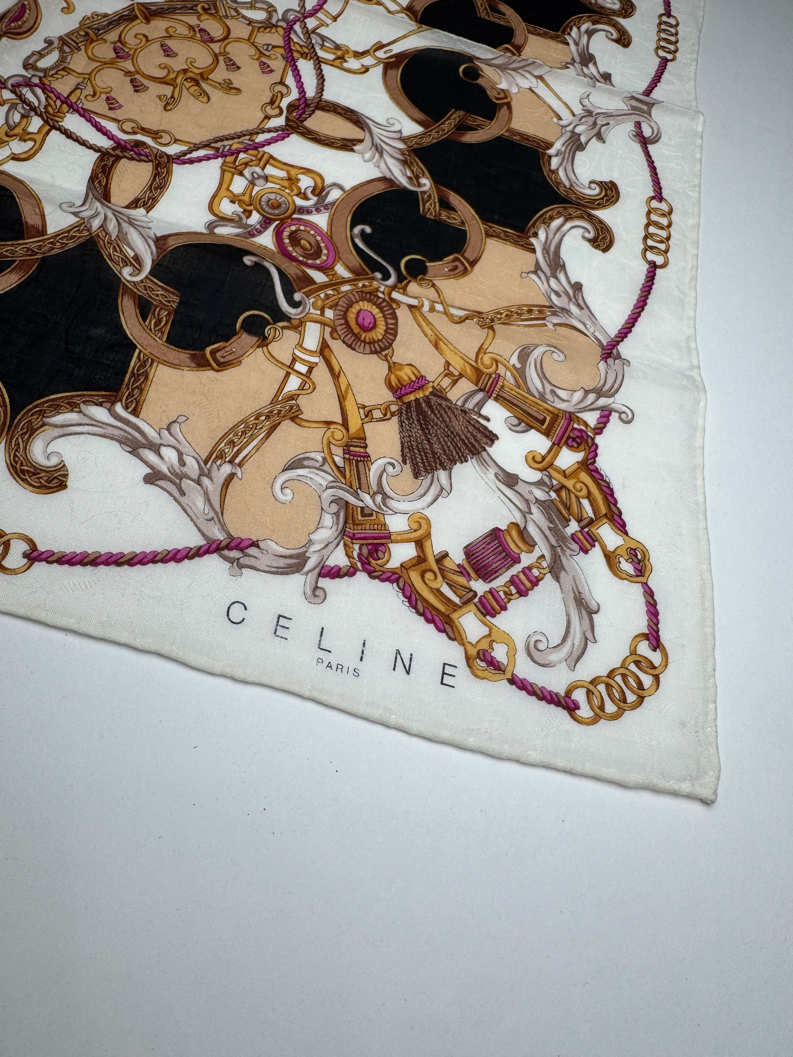 Celine Vintage Silk Scarf White brown Size ONE SIZE - 3 Thumbnail