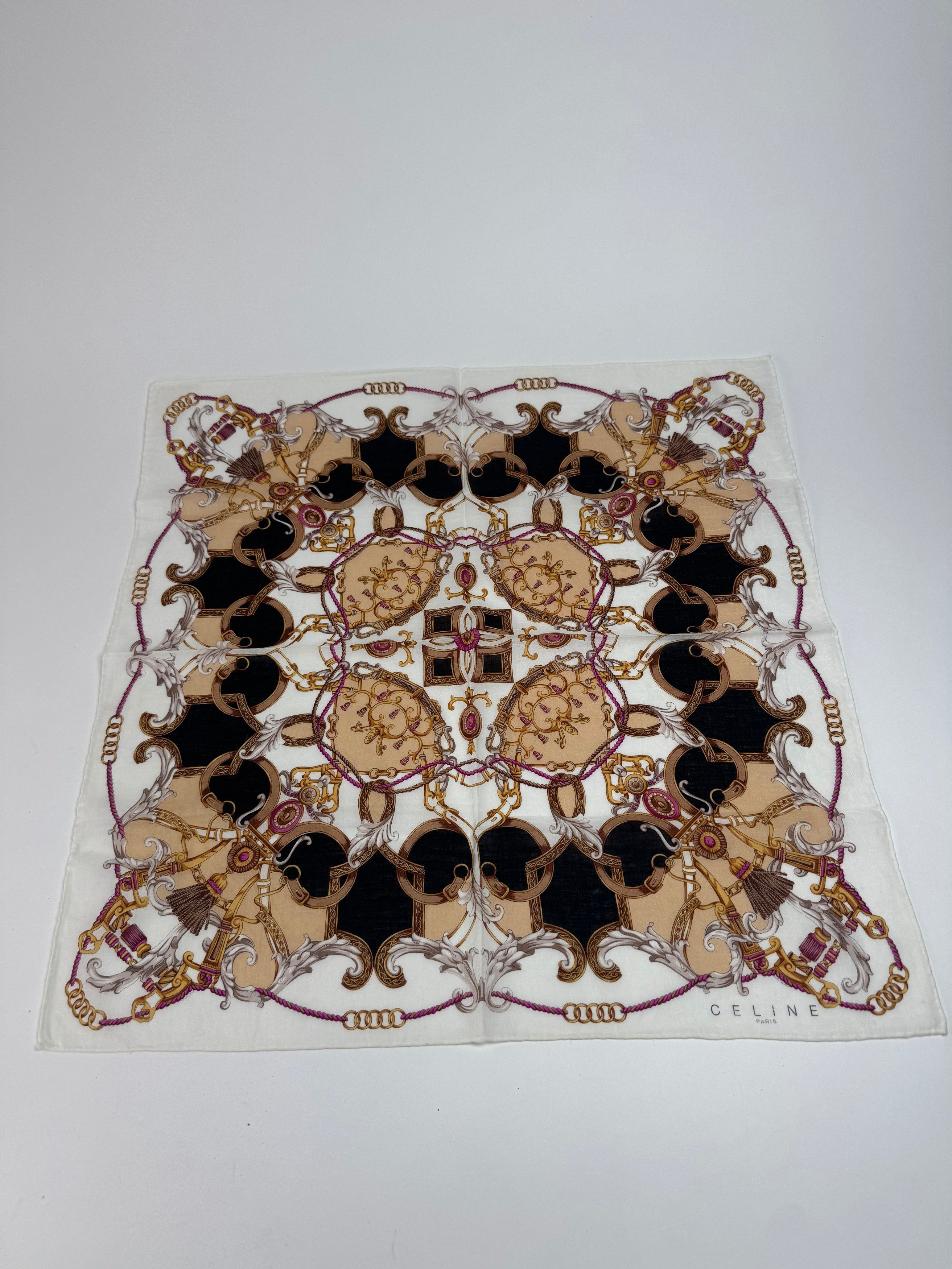 Celine Vintage Silk Scarf White brown Size ONE SIZE - 2 Thumbnail