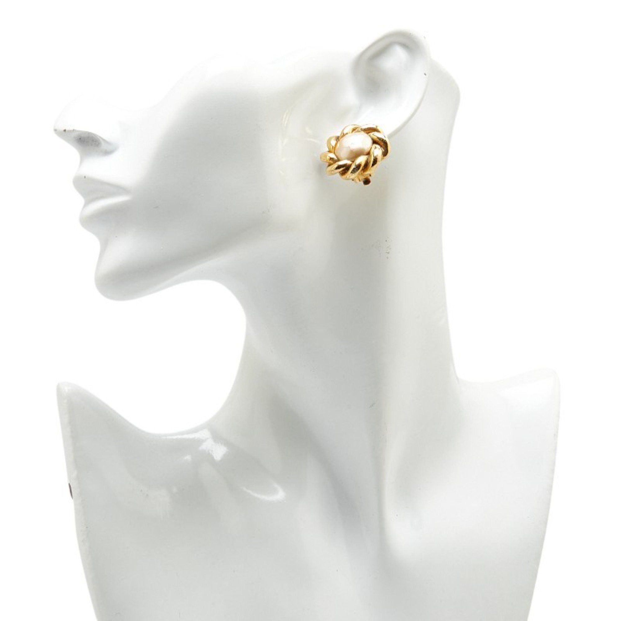 CHANEL Vintage Flower Motif Faux Pearl Earrings, Gold Plated, Women's