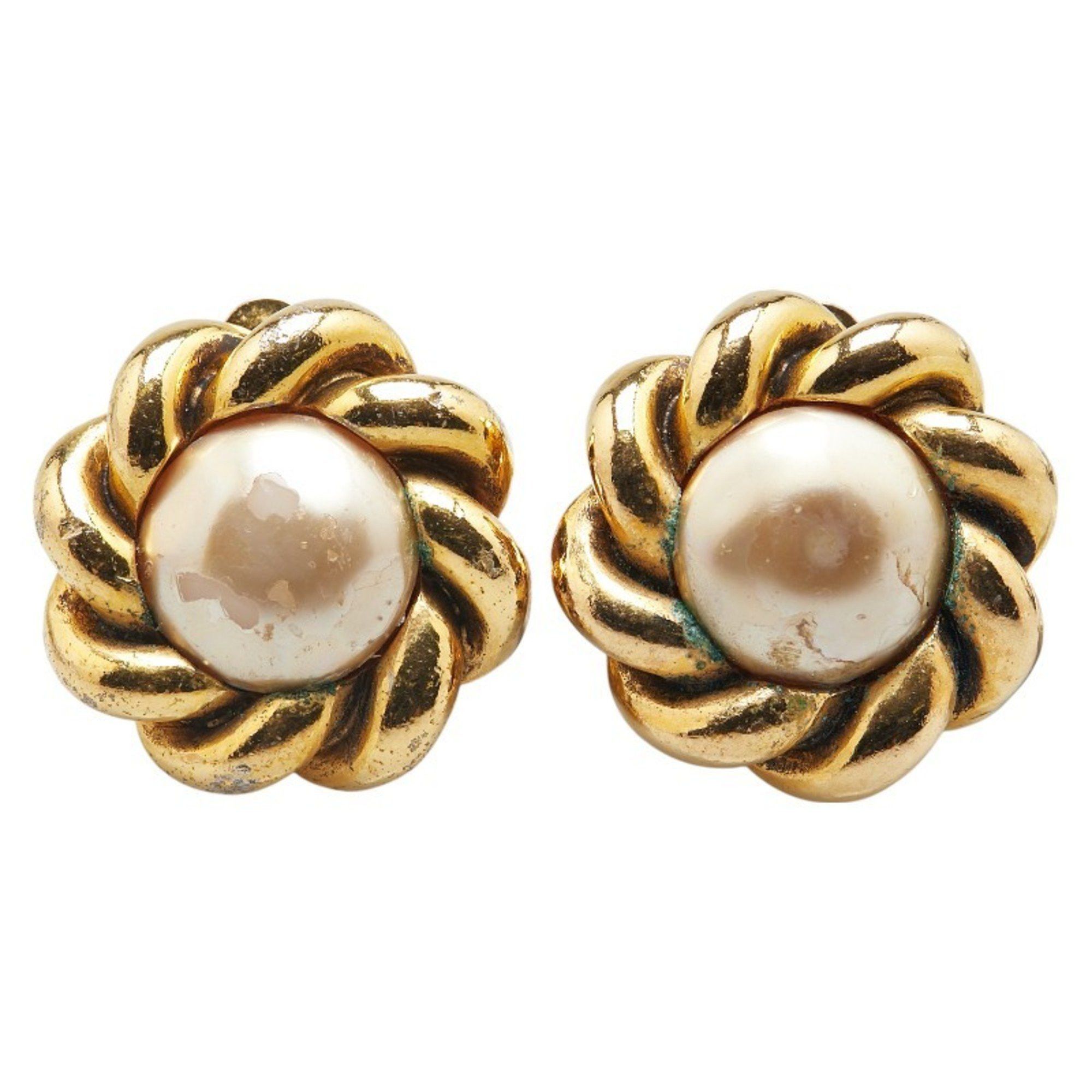 CHANEL Vintage Flower Motif Faux Pearl Earrings, Gold Plated, Women's