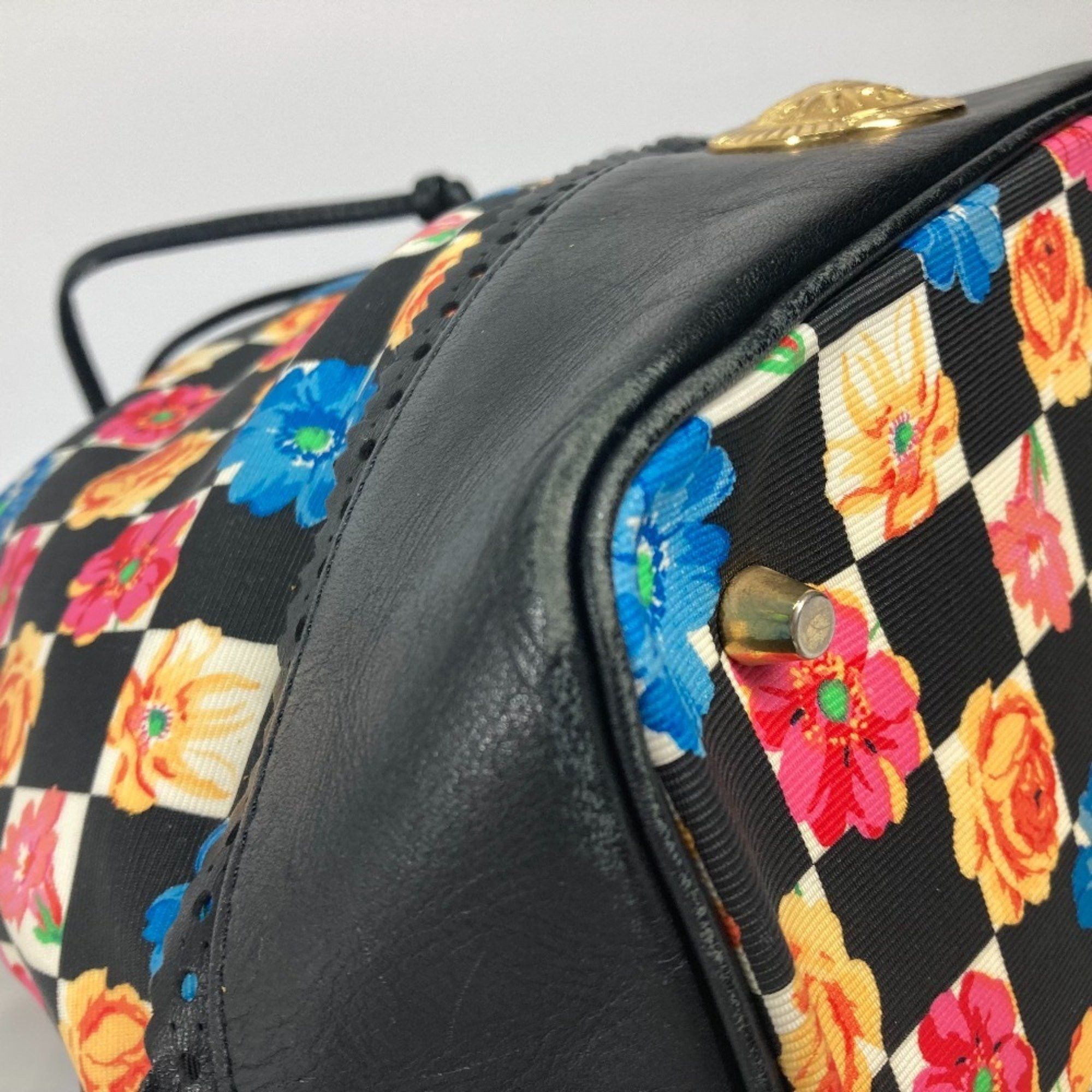 Versace Floral Chain Bucket Drawstring Shoulder Bag in PVC and Leather, Multicolor