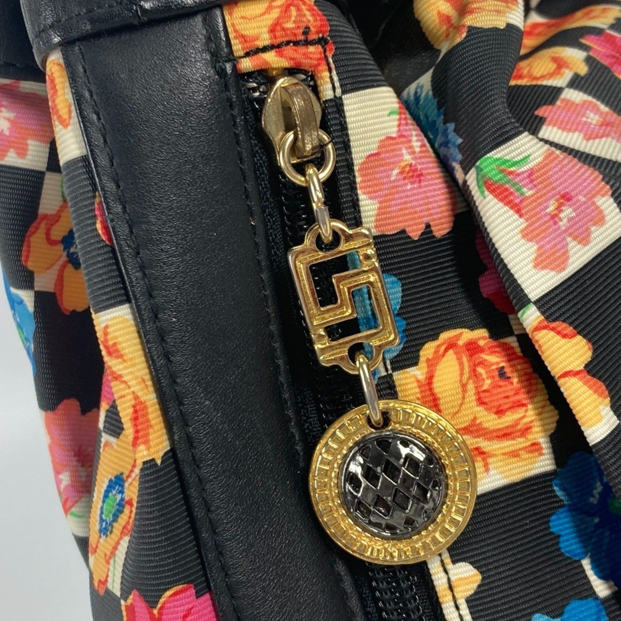 Versace Floral Chain Bucket Drawstring Shoulder Bag in PVC and Leather, Multicolor