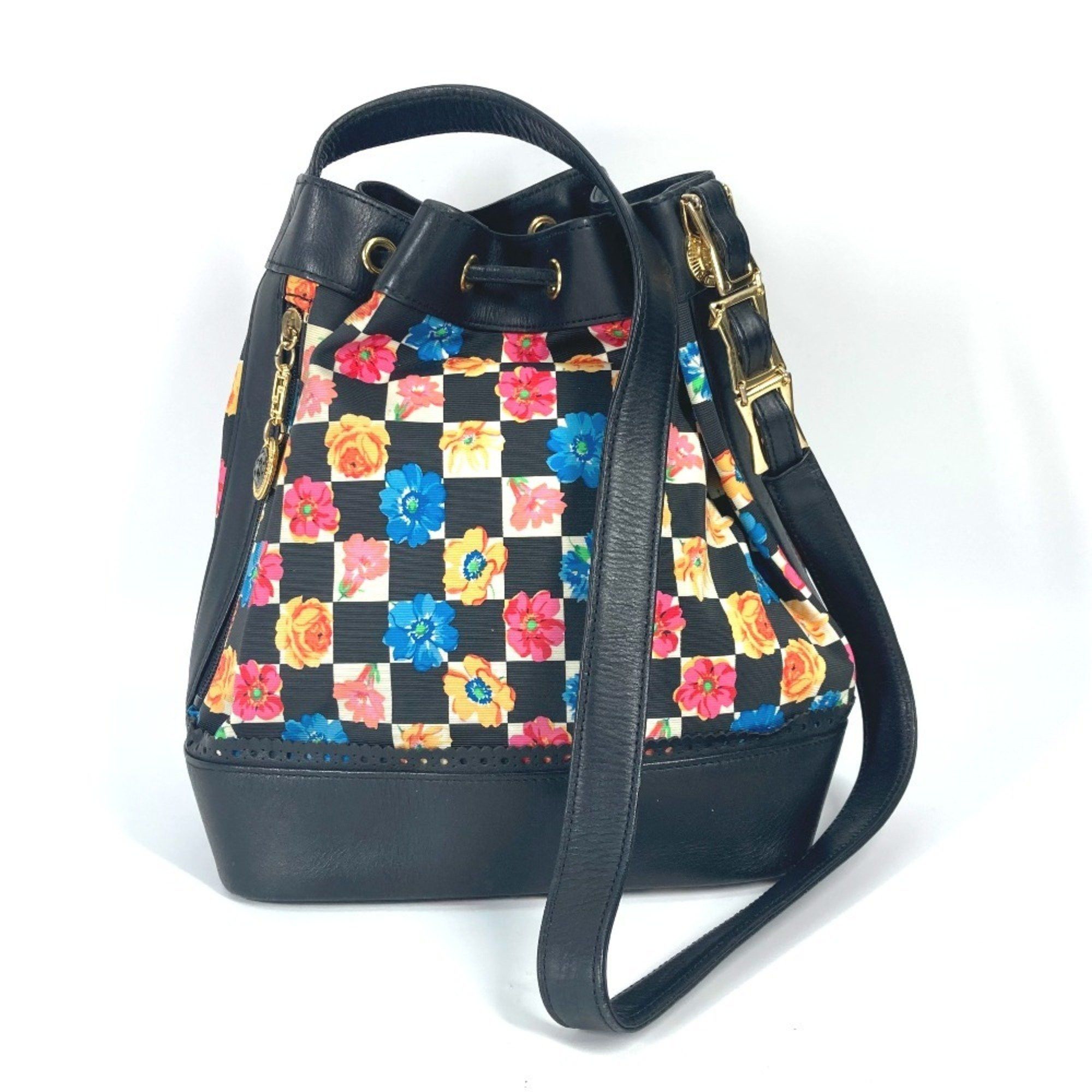Versace Floral Chain Bucket Drawstring Shoulder Bag in PVC and Leather, Multicolor